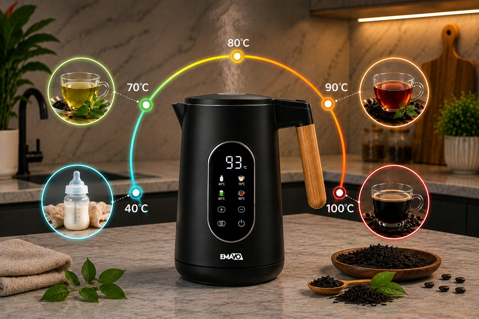 ELECTRIC CORDLESS KETTLE 1,7l 2200W BLACK TEMPERATURE CONTROL Packaging status original