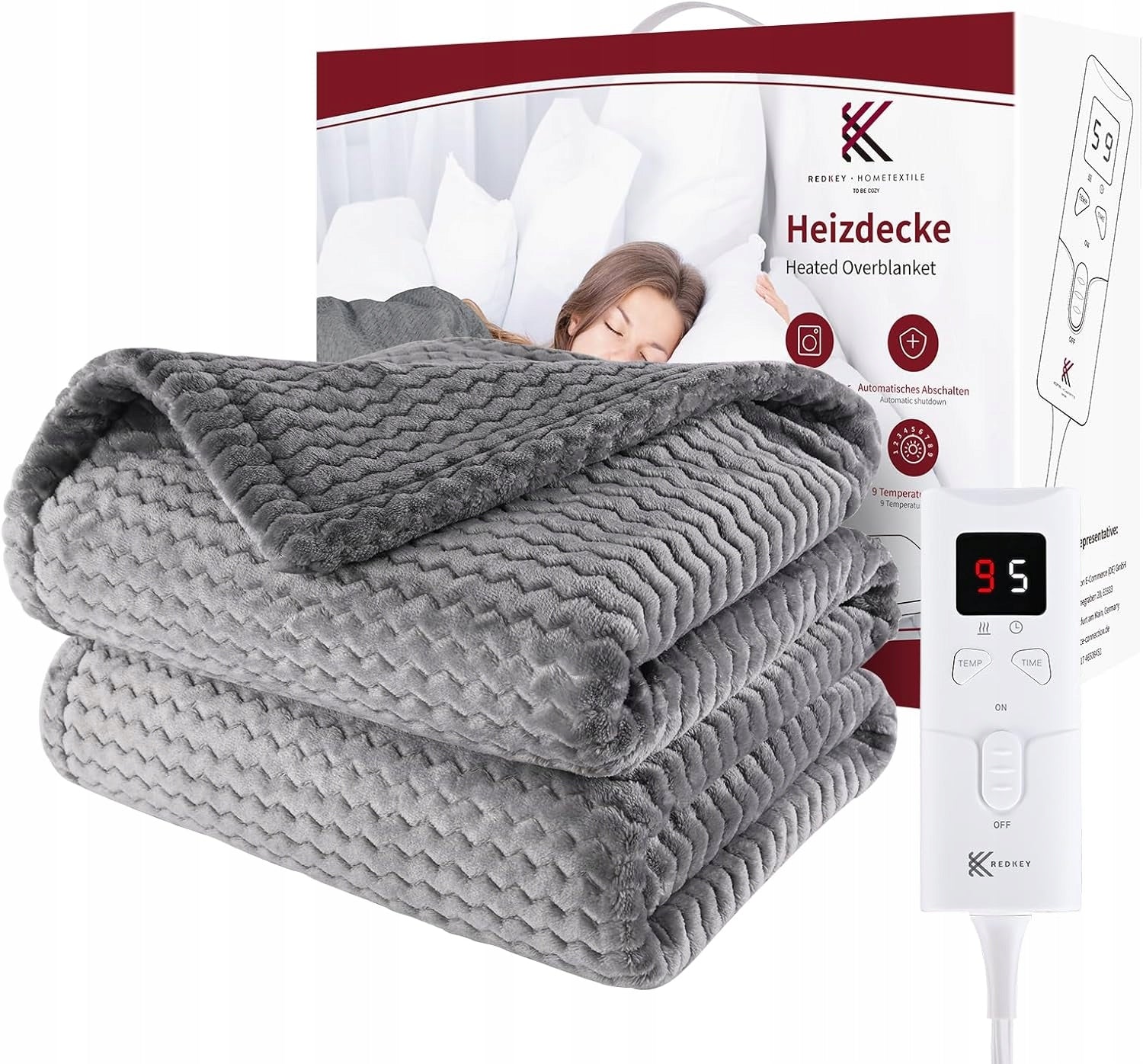 ELECTRIC FLANNEL BLANKET LED 180x130cm grey 9 levels remote control