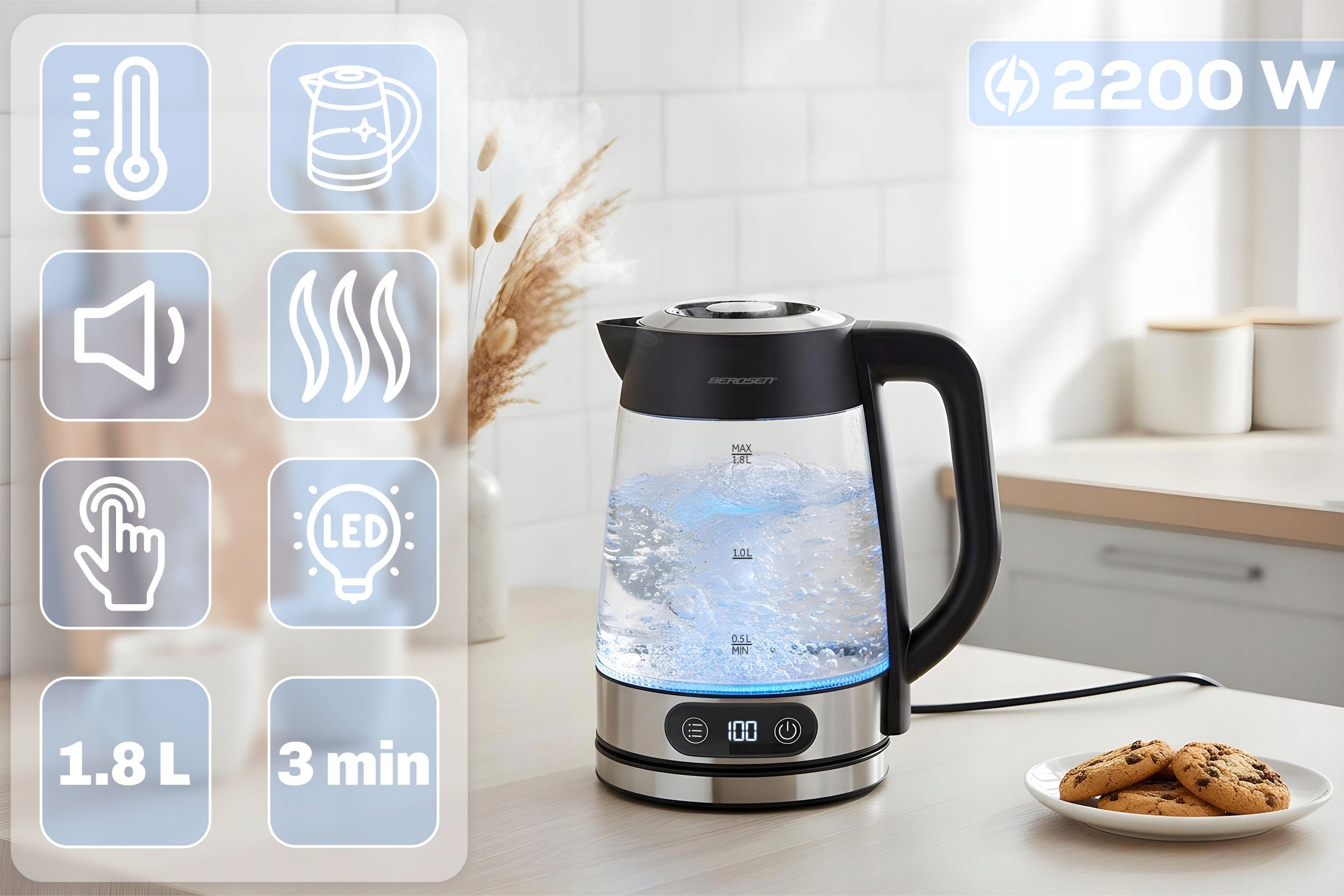 ELECTRIC GLASS KETTLE WITH TEMPERATURE CONTROL 2200W BERDSEN 1,8L Brand Berdsen