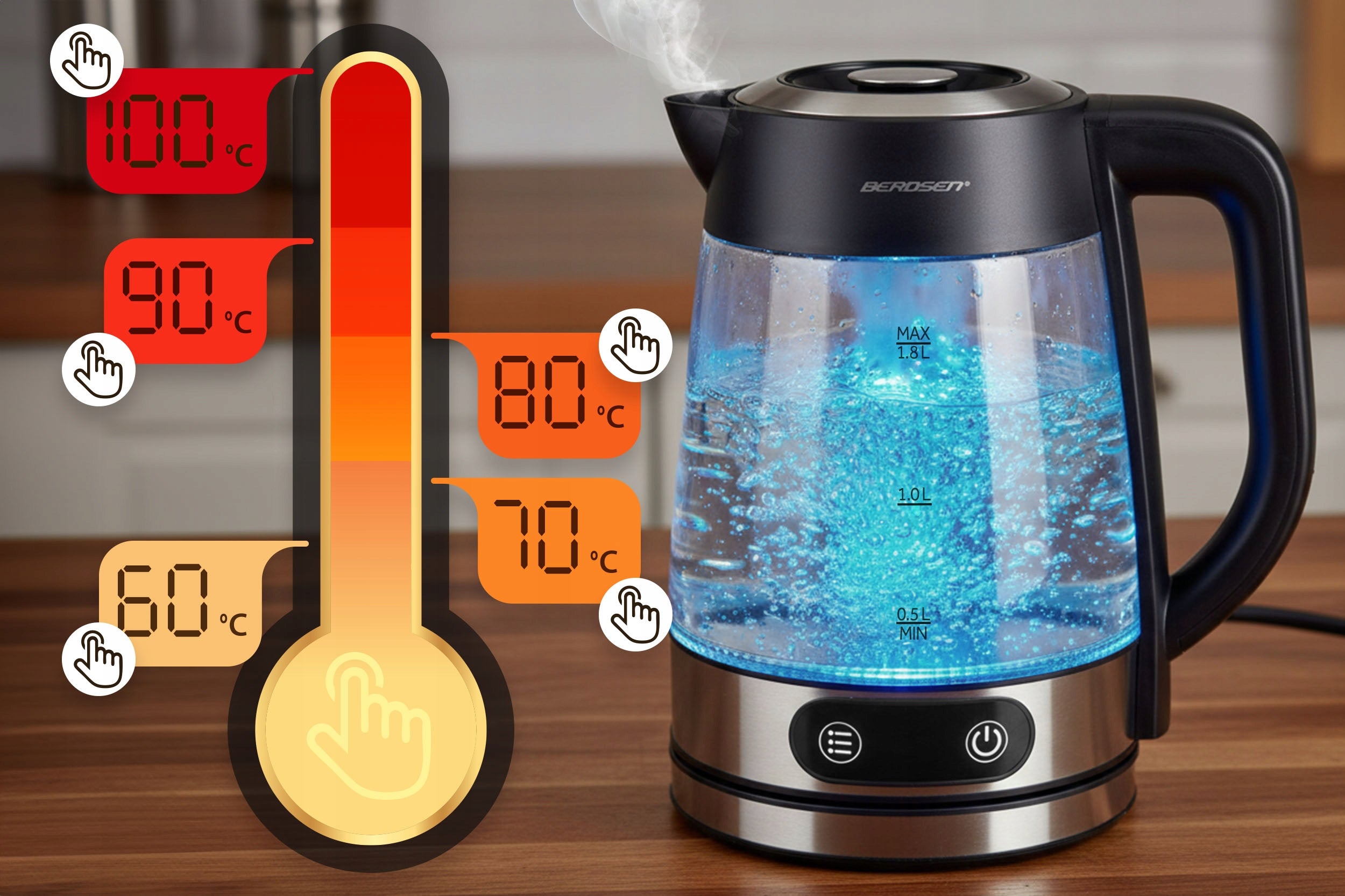 ELECTRIC GLASS KETTLE WITH TEMPERATURE CONTROL 2200W BERDSEN 1,8L Dominant color silver/gray
