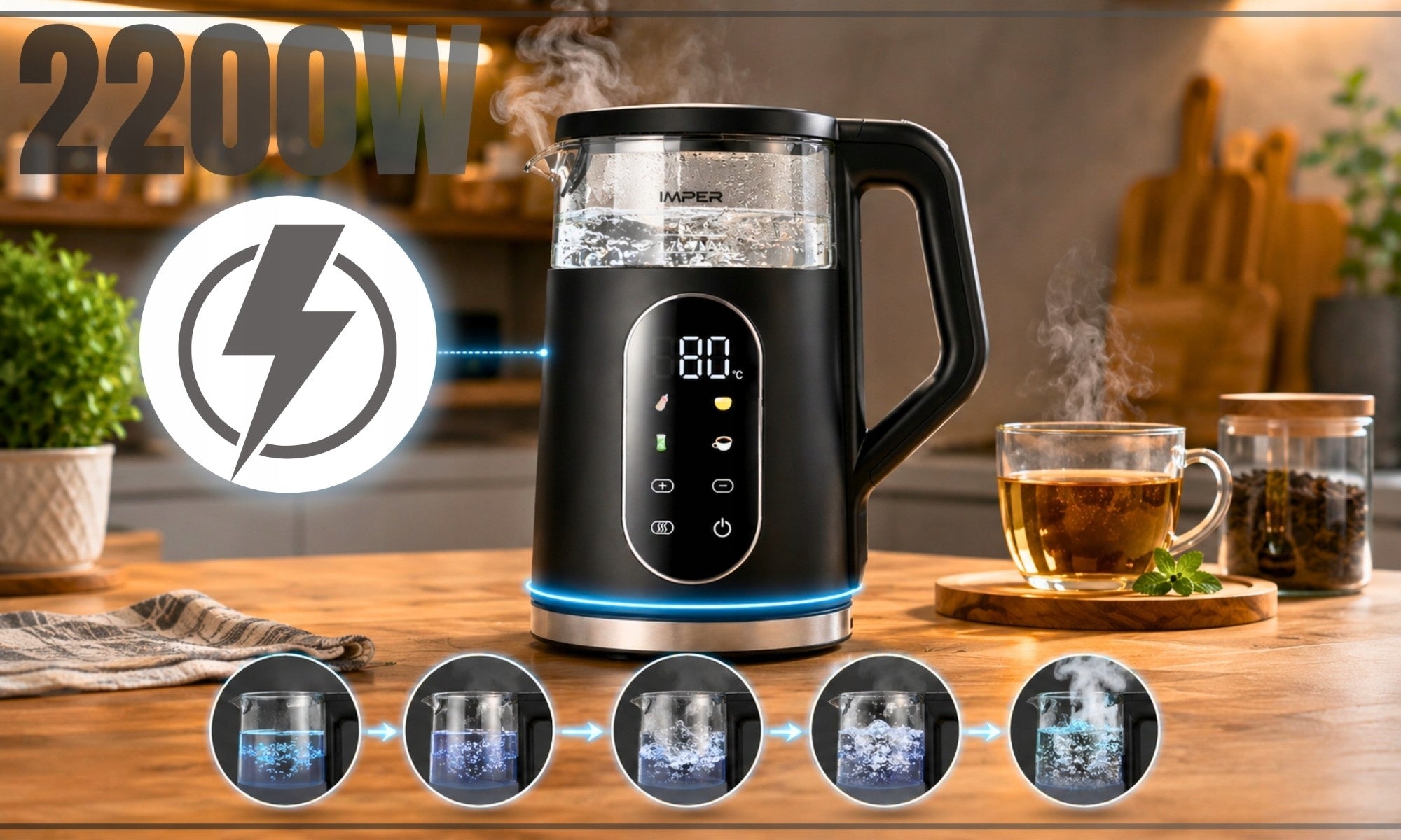 ELECTRIC GLASS KETTLE WITH TEMPERATURE CONTROL BLACK LED 1,7L 2200W Brand IMPER