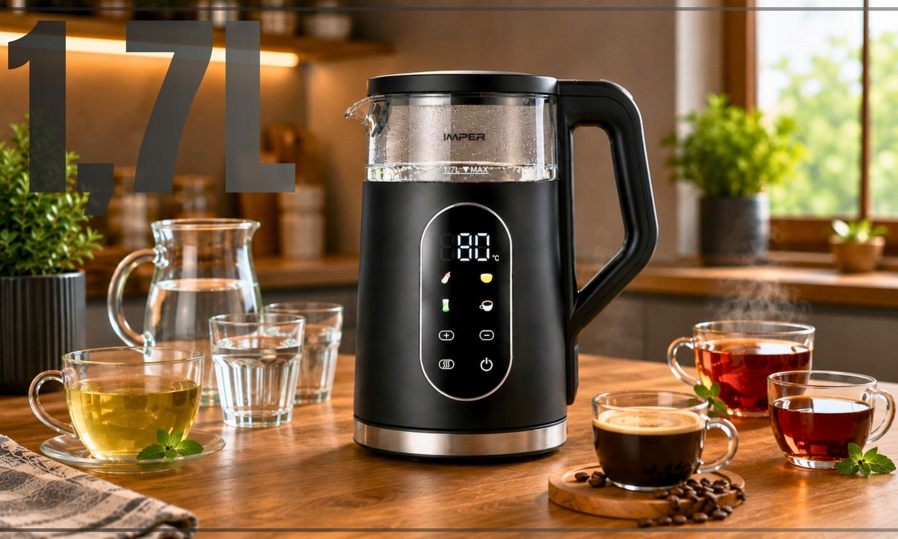 ELECTRIC GLASS KETTLE WITH TEMPERATURE CONTROL BLACK LED 1,7L 2200W Dominant color black