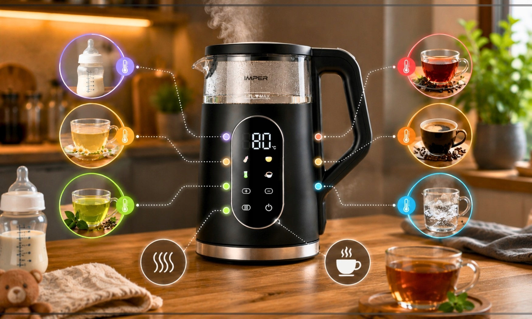 ELECTRIC GLASS KETTLE WITH TEMPERATURE CONTROL BLACK LED 1,7L 2200W Filter yes
