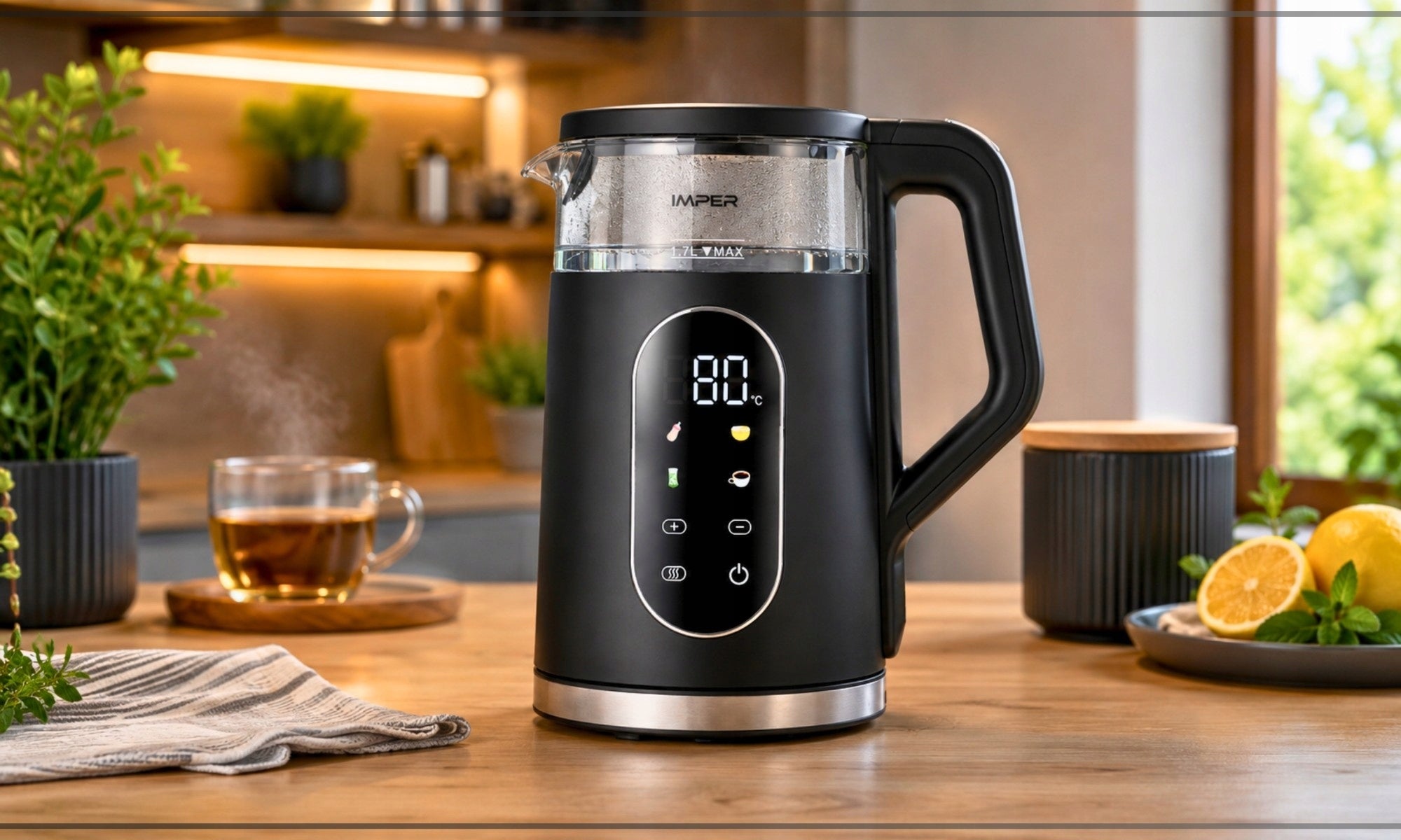 ELECTRIC GLASS KETTLE WITH TEMPERATURE CONTROL BLACK LED 1,7L 2200W Packaging status original