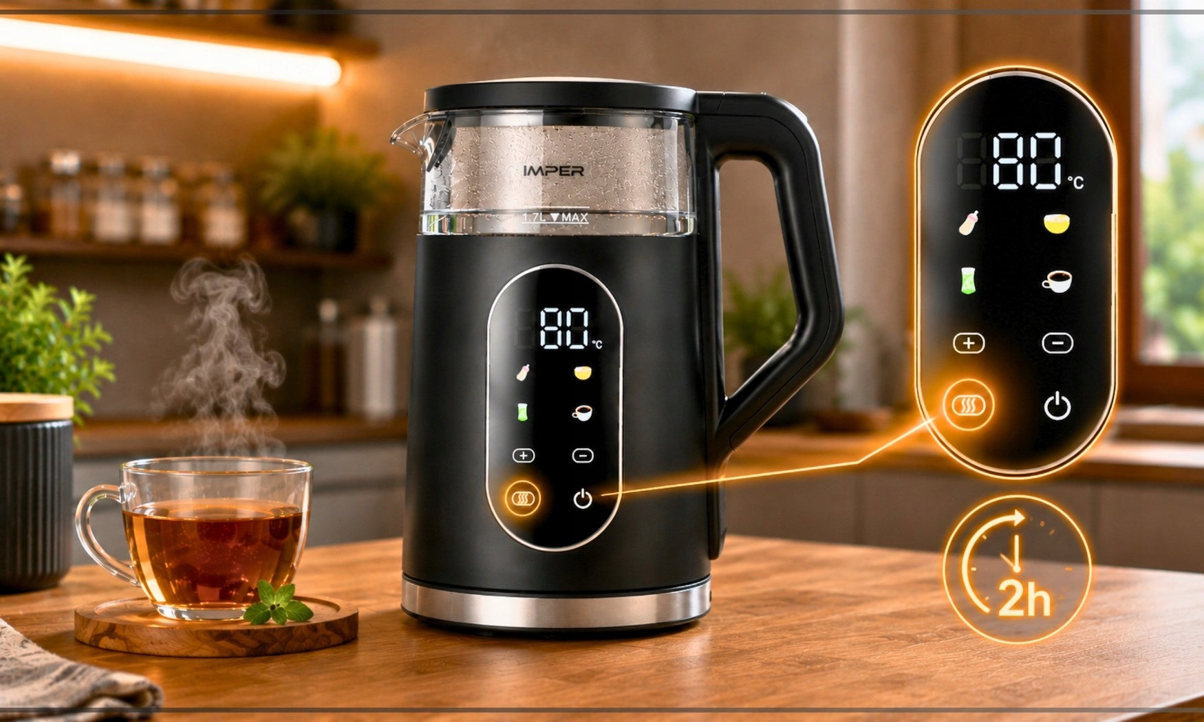 ELECTRIC GLASS KETTLE WITH TEMPERATURE CONTROL BLACK LED 1,7L 2200W Product weight with unit packaging 1.7 kg