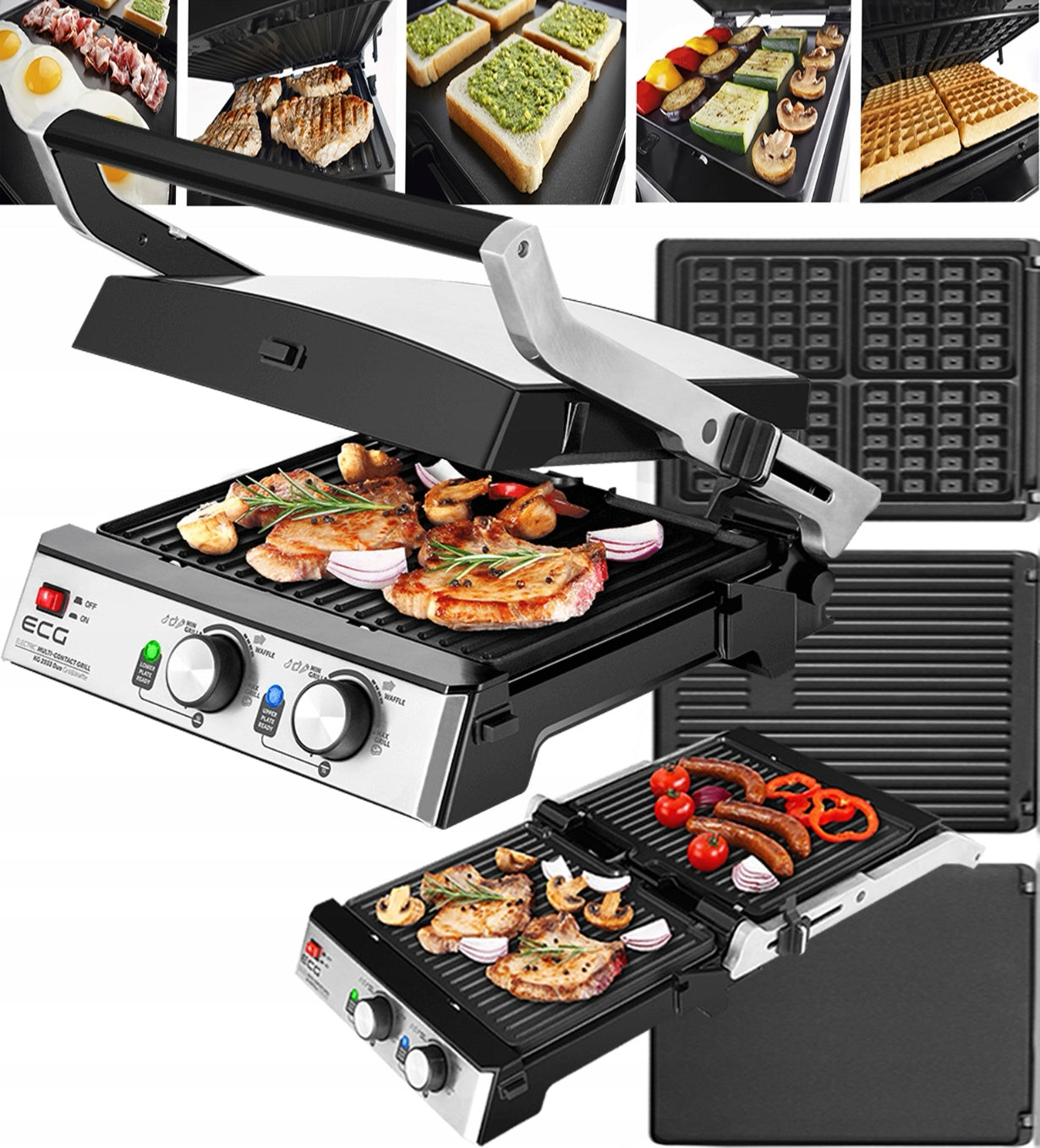 ELECTRIC GRILL ECG KG 2033 TOASTER PANINI WAFFLE BBQ 3in1 2000W SOLID