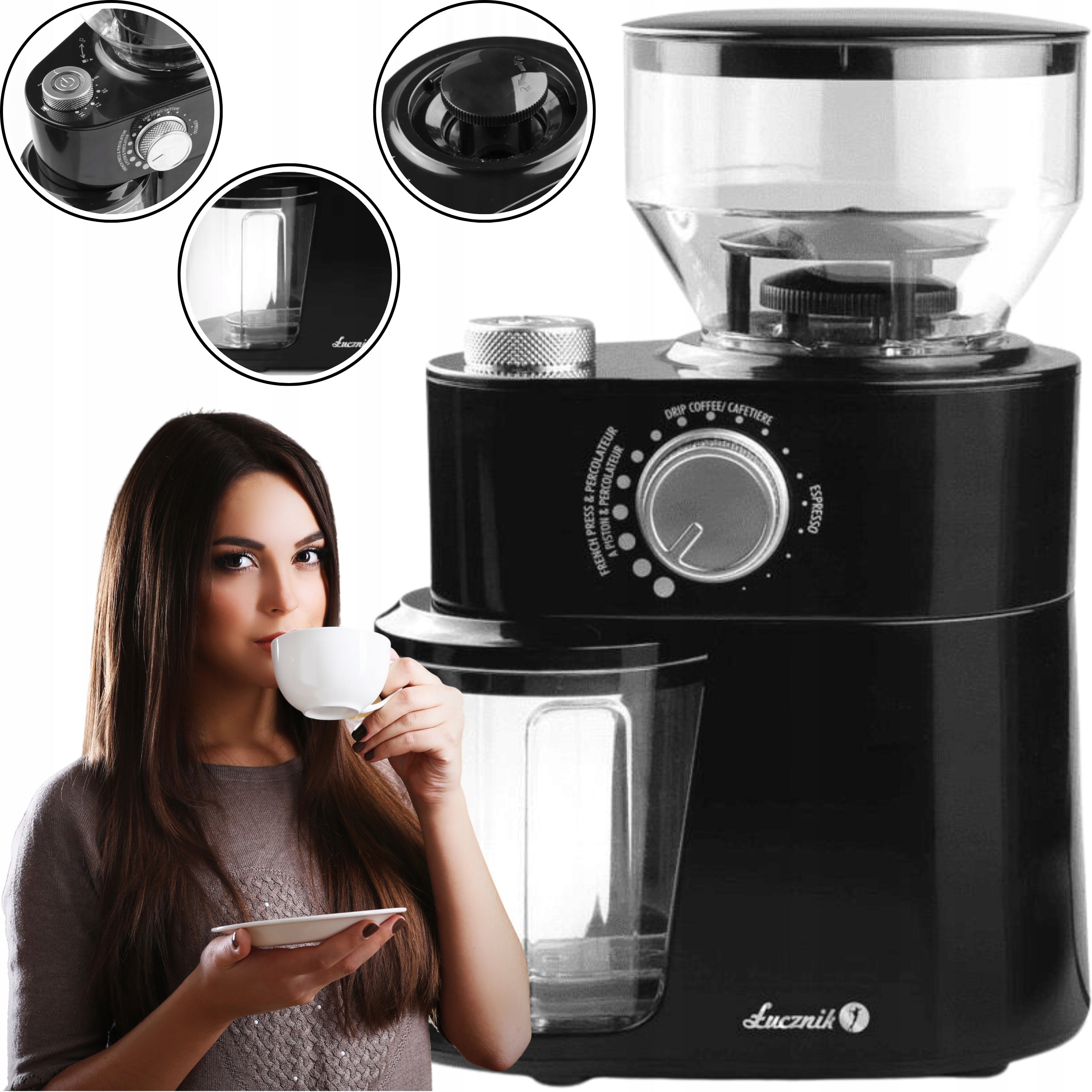 ELECTRIC GRINDER FOR GRINDING COFFEE NUTS BEANS AUTOMATIC ŁUCZNIK