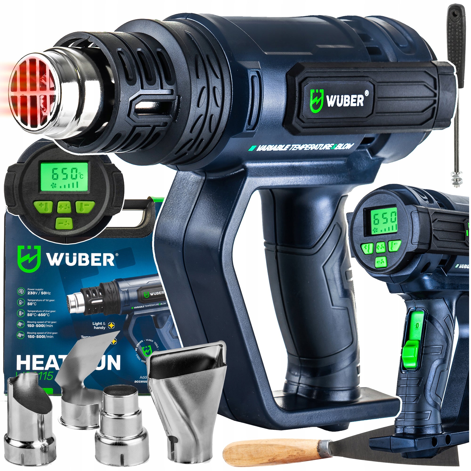 ELECTRIC HEAT GUN 2 GEARS ADJUSTMENT LCD STRONG 2000W + 5 NOZZLES + PUTTY