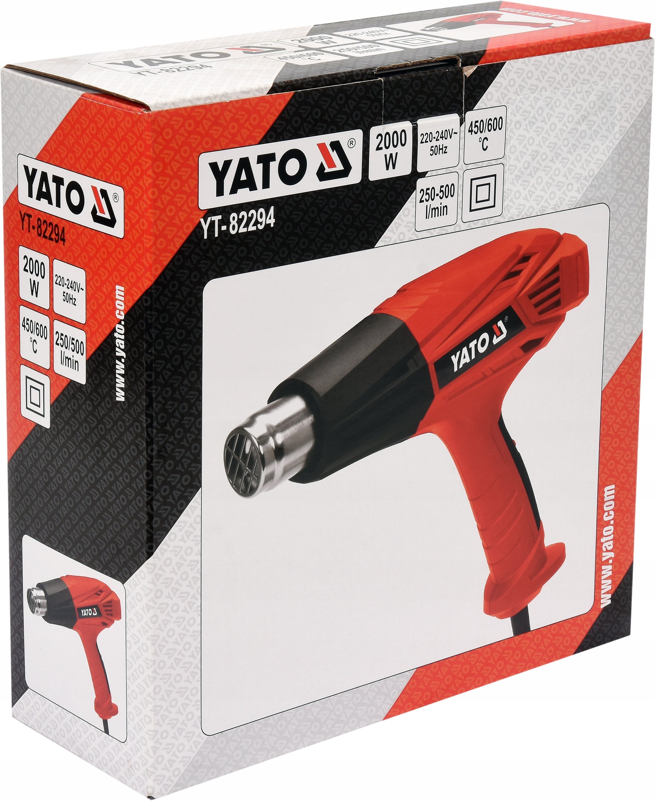 ELECTRIC HEAT GUN 2000W YATO ADJUSTABLE 2 GEARS 450-600°C 4 NOZZLES Power supply mains