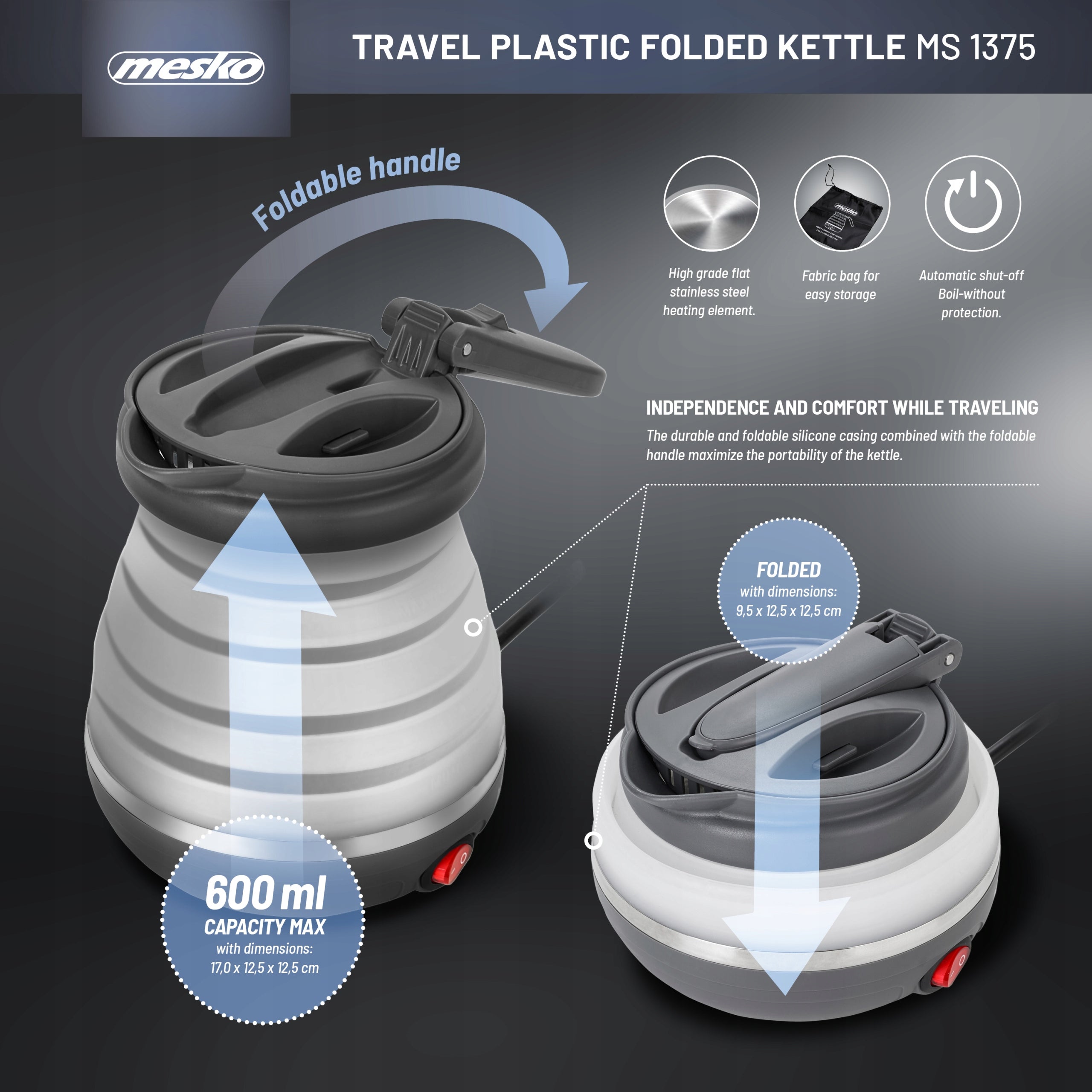 ELECTRIC HIKING KETTLE PORTABLE COMPACT 0,6L FOLDING 9cm 750W Model Czajnik turystyczny elektryczny MESKO HOME