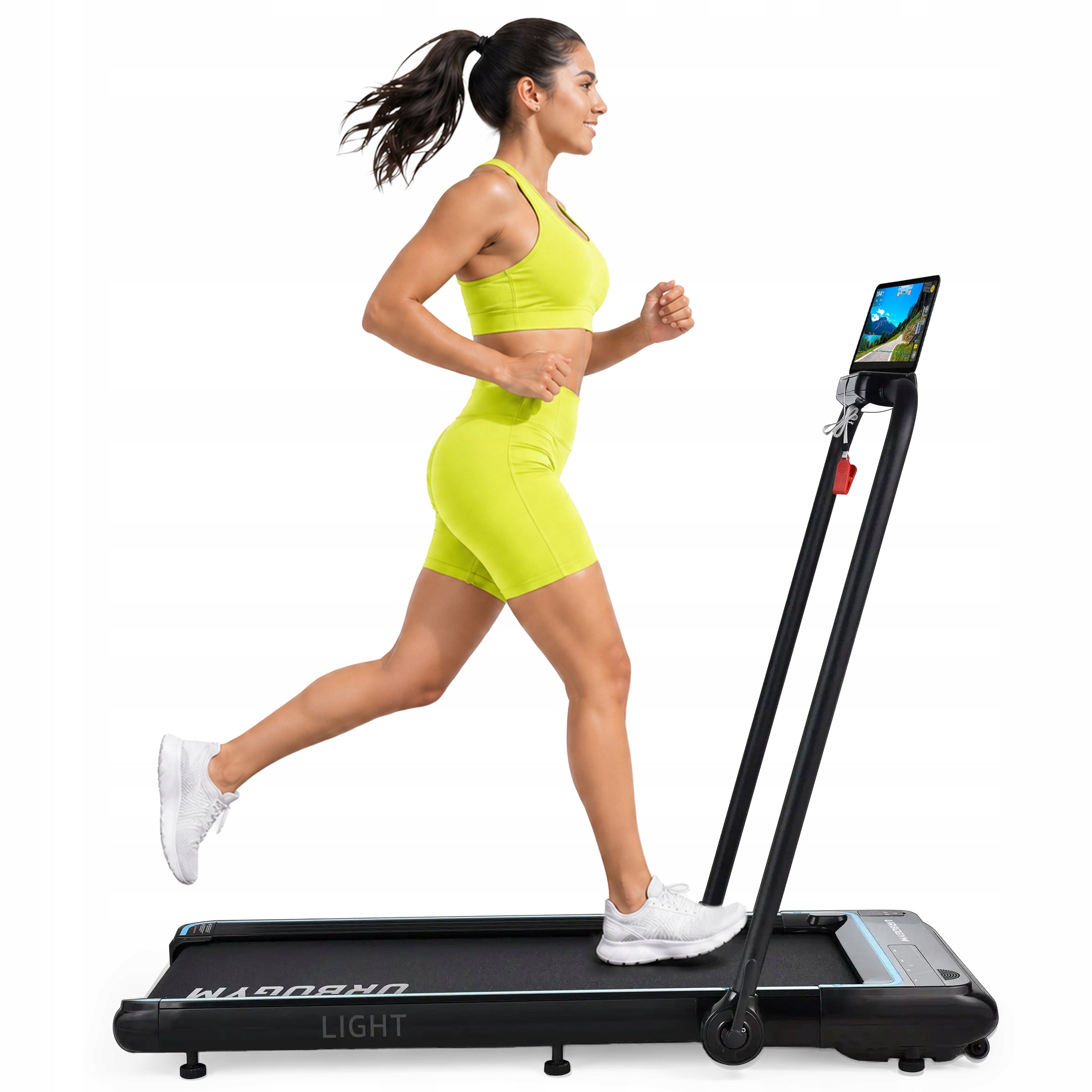 ELECTRIC HOME TREADMILL 2IN1 LIGHT FOLDING FLAT UNDER THE BED 12KM/H Additional features keyboard shortcuts safety key transport wheels place for mobile phone/tablet foldable display