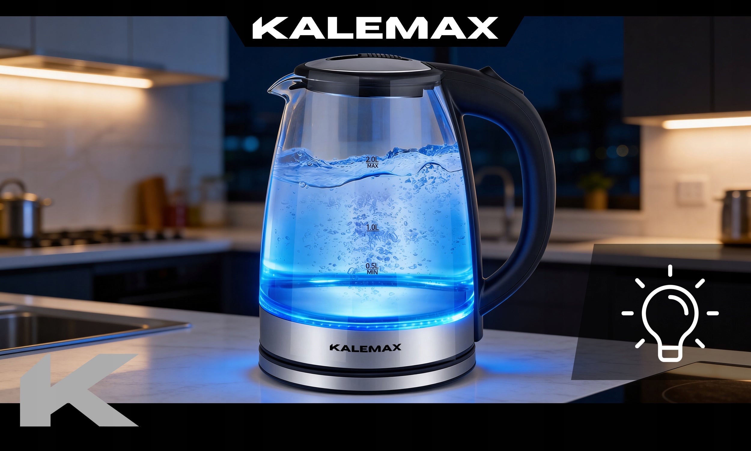 ELECTRIC KETTLE BLACK QUIET 2L STEEL 1800W LED BACKLIGHT STRONG Capacity 2 l