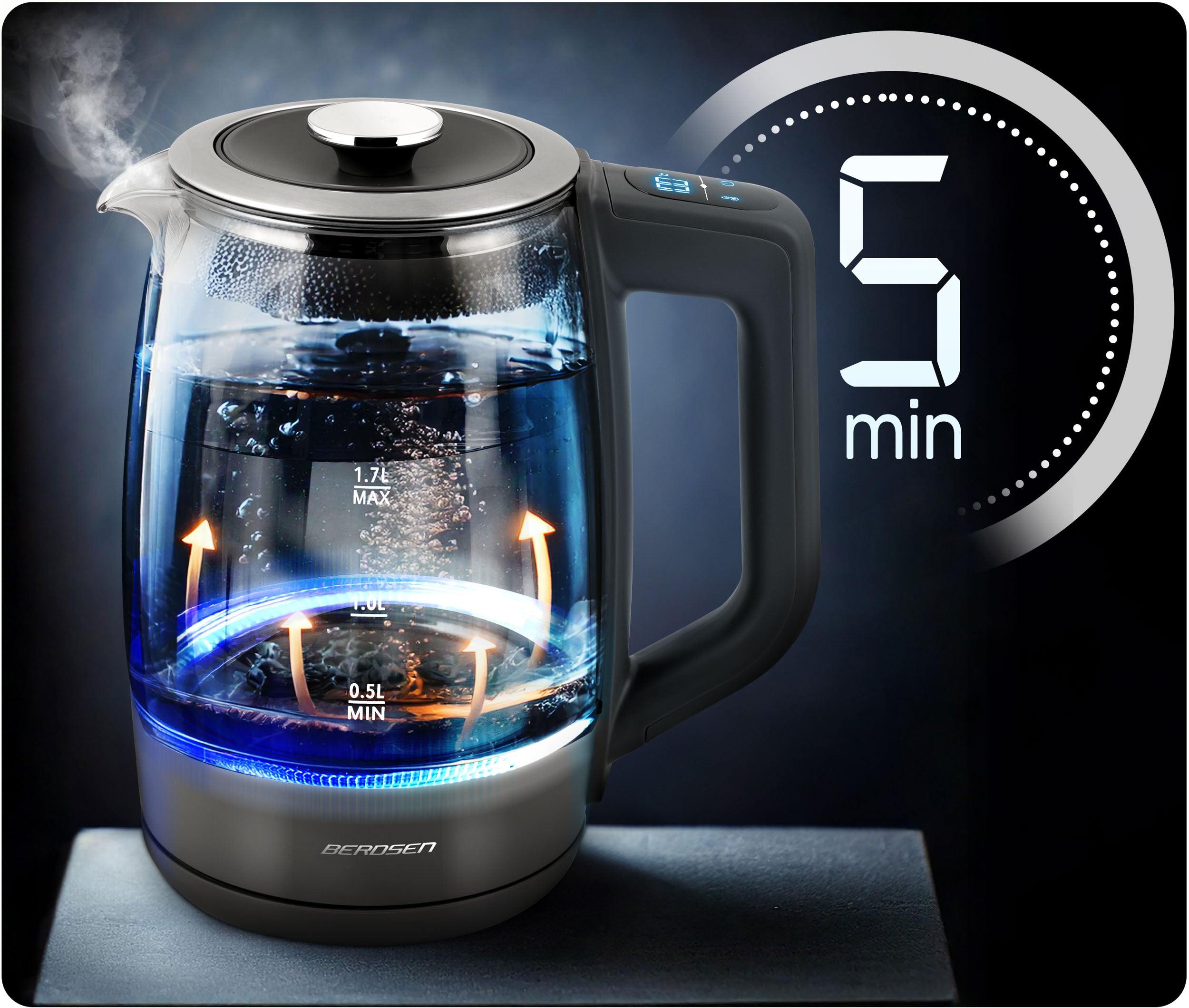 ELECTRIC KETTLE GLASS TEMPERATURE CONTROL 2200W BERDSEN 1,7L Model BD-711