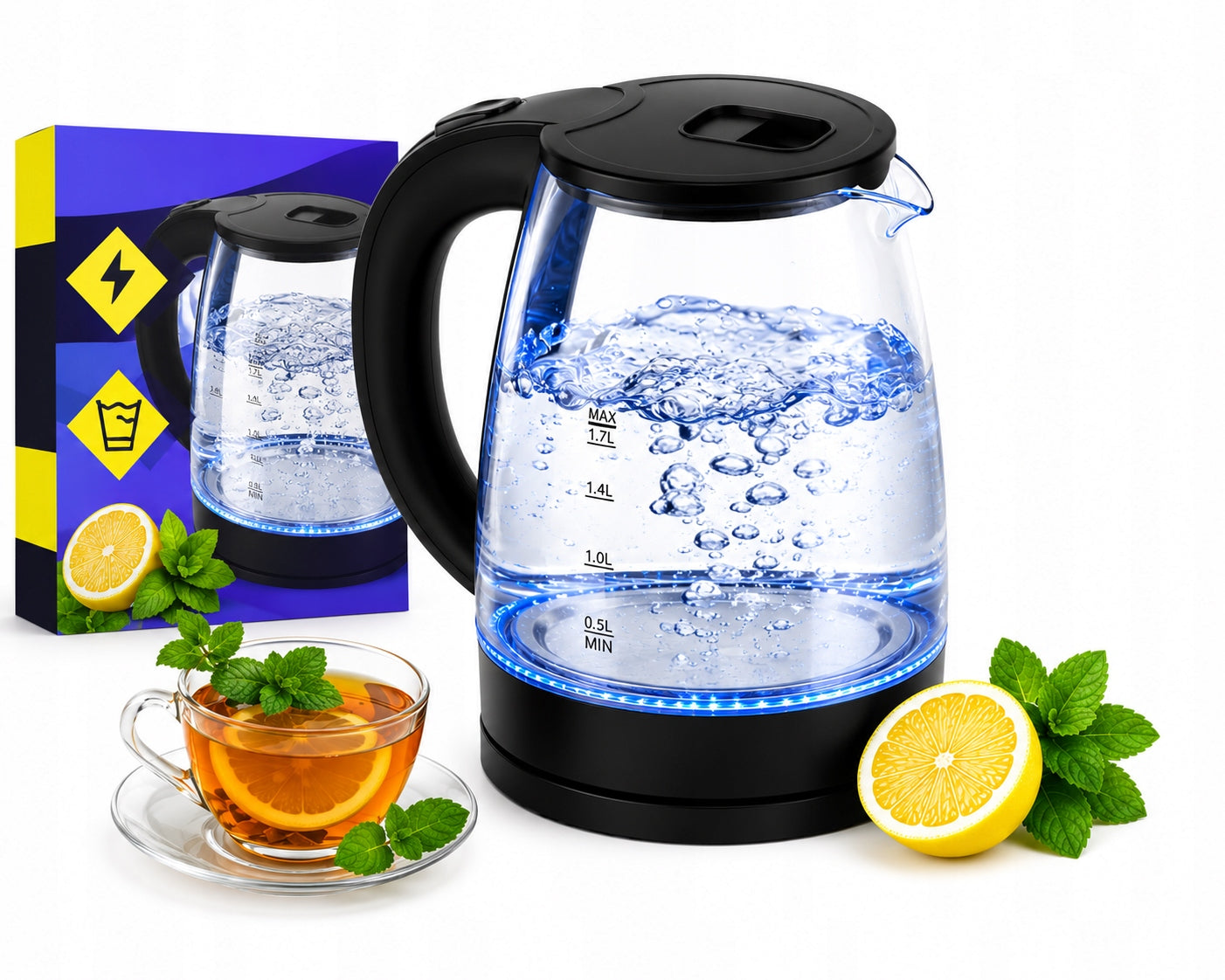 ELECTRIC KETTLE GLASS WIRELESS BACKLIT LED 1,7L 2200W STRONG Packaging status original