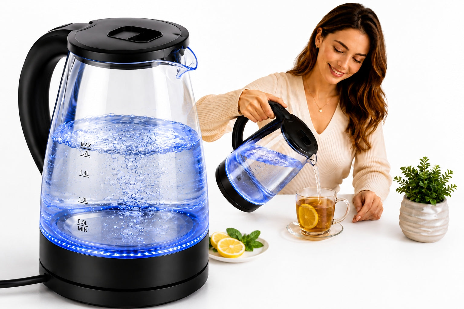 ELECTRIC KETTLE GLASS WIRELESS BACKLIT LED 1,7L 2200W STRONG