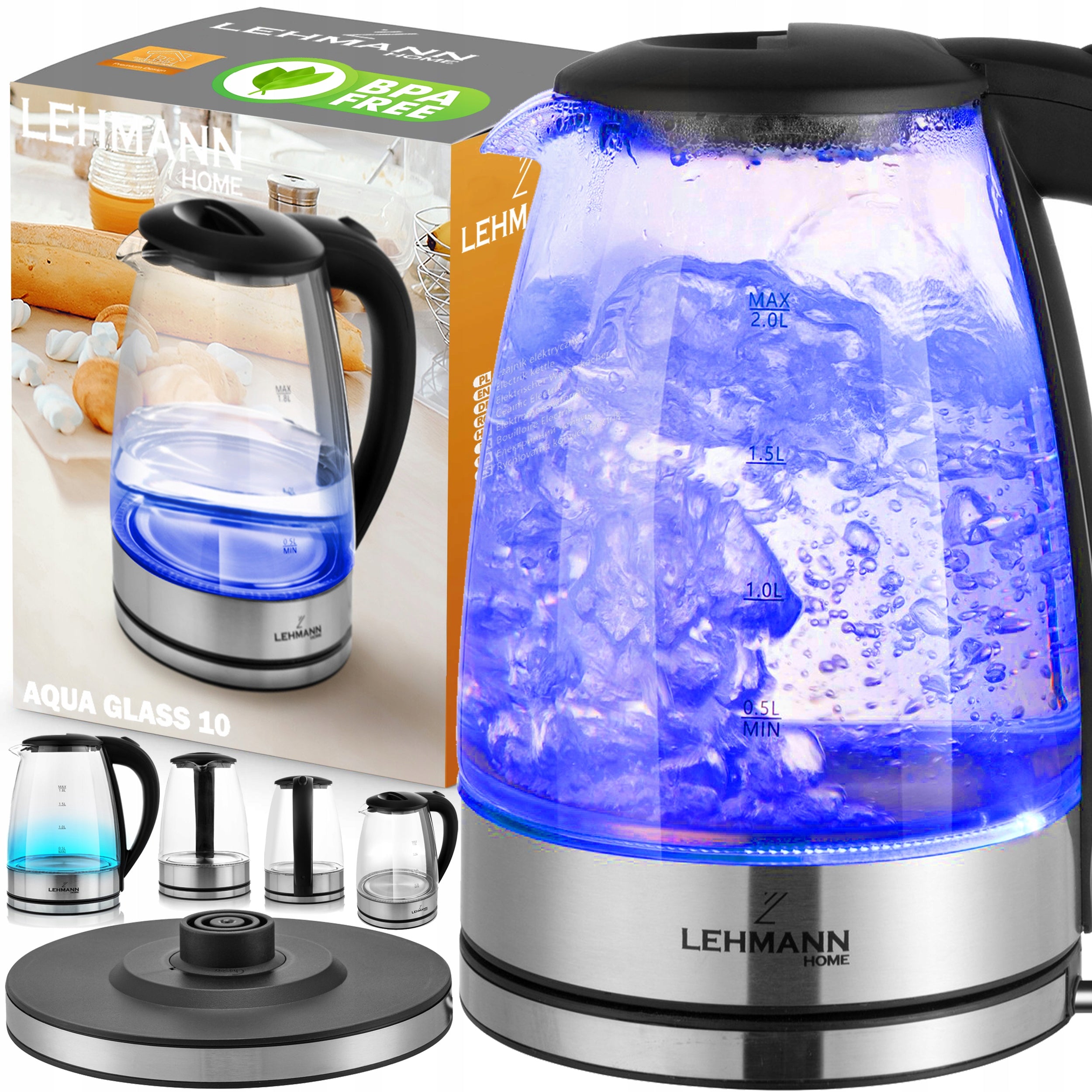 ELECTRIC KETTLE GLASS WIRELESS BACKLIT WITH LED 2L POWERFUL 2200W
