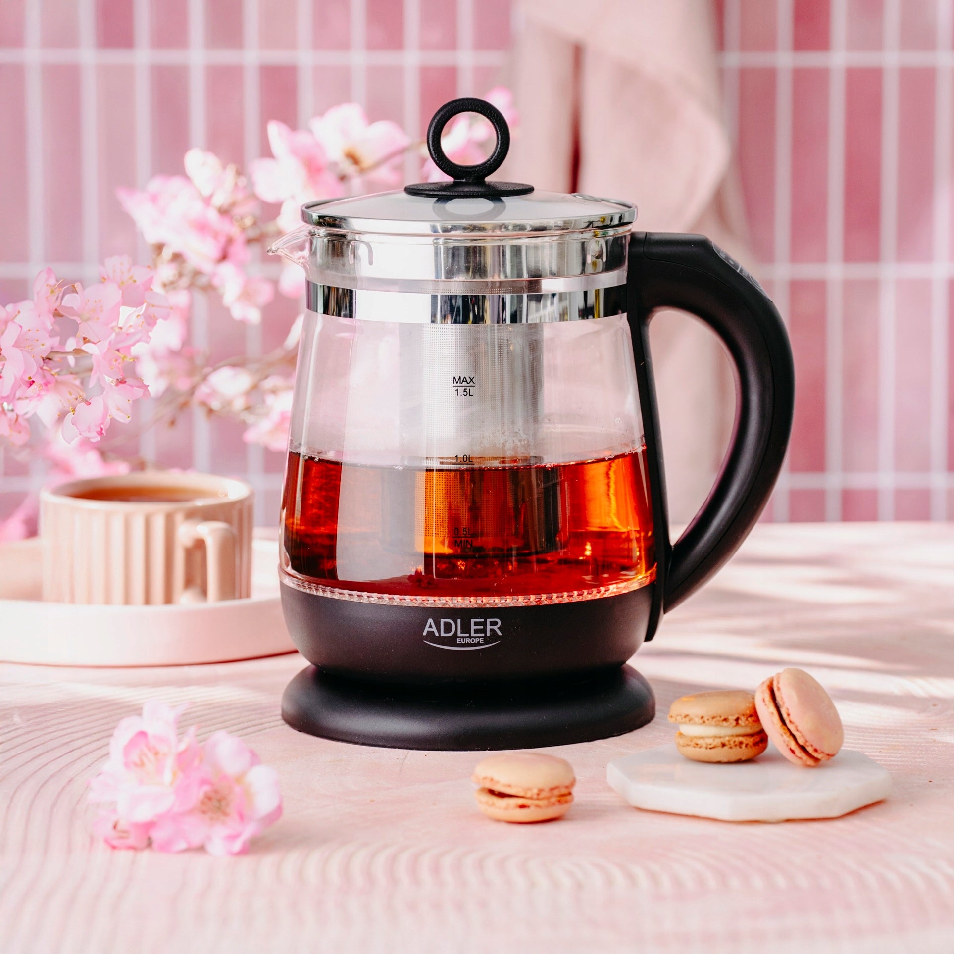 ELECTRIC KETTLE GLASS WIRELESS TEMP ADJUSTMENT LED 1,5L INFUSER Brand ADLER