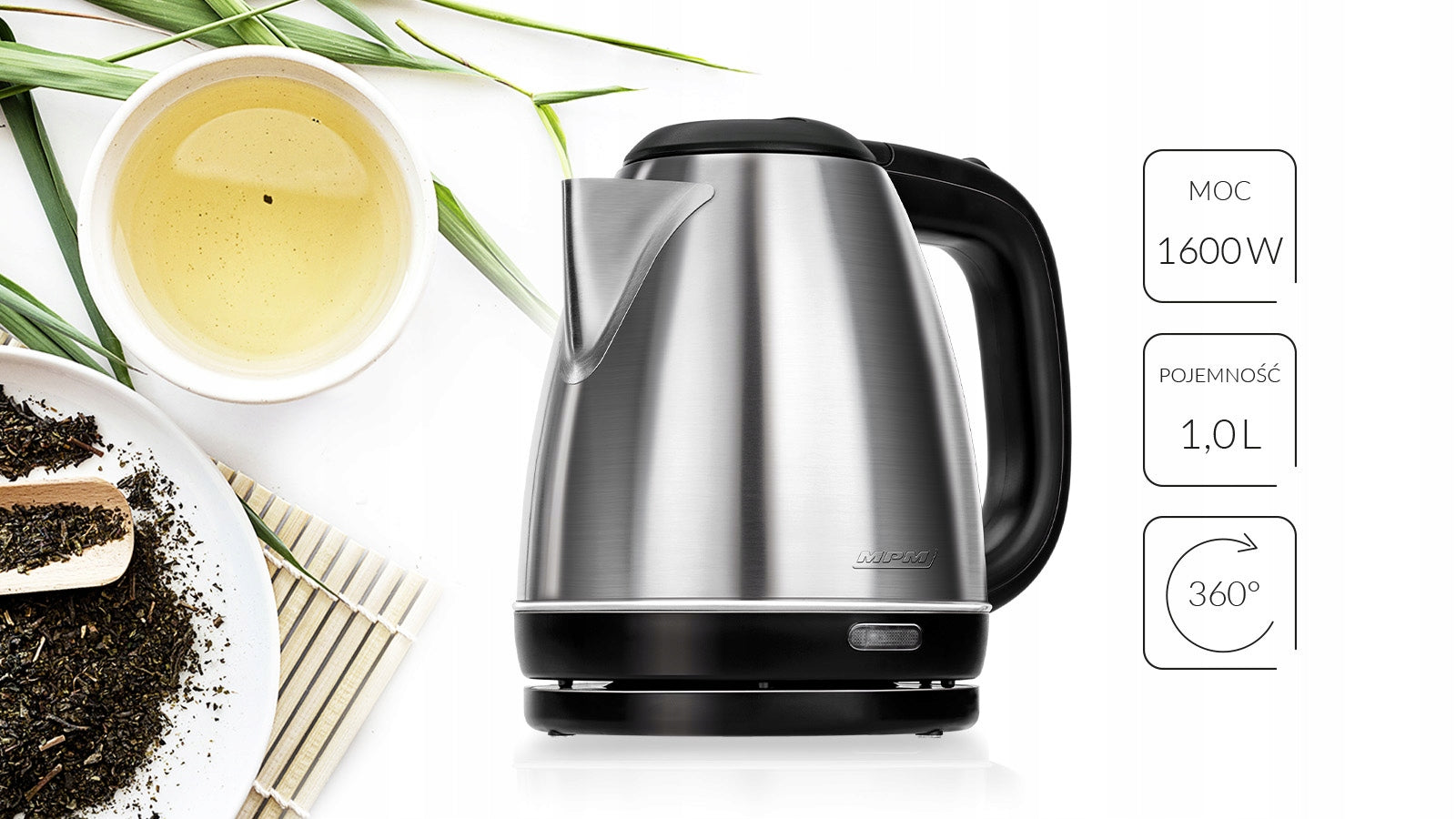 ELECTRIC KETTLE SILVER STEEL 1L 1600W Safety overheating protection