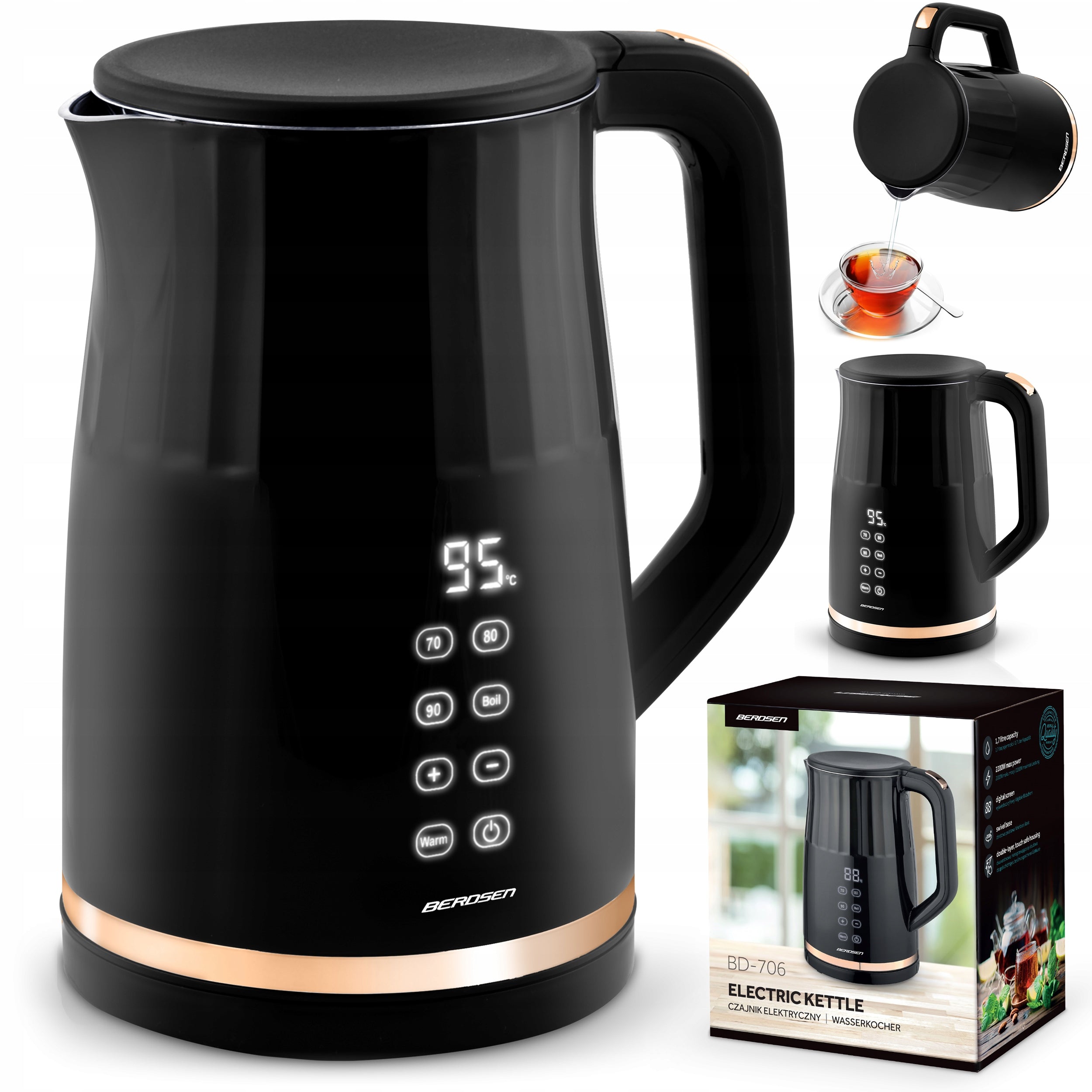 ELECTRIC KETTLE TEMPERATURE CONTROL 2200W TOUCH PANEL 1,7L BERDSEN