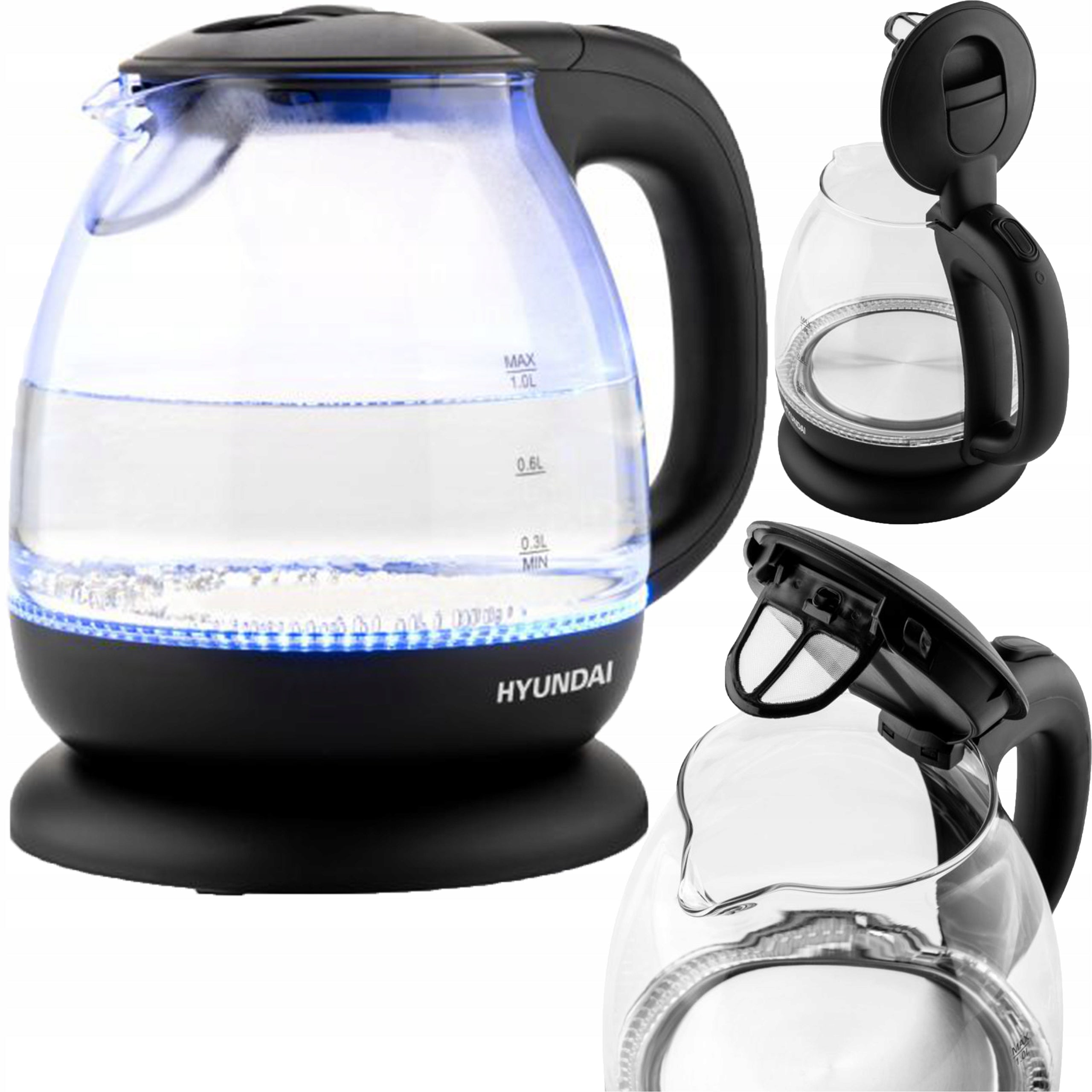 ELECTRIC KETTLE WIRELESS GLASS LED 1l FILTER 1100W HYUNDAI 101