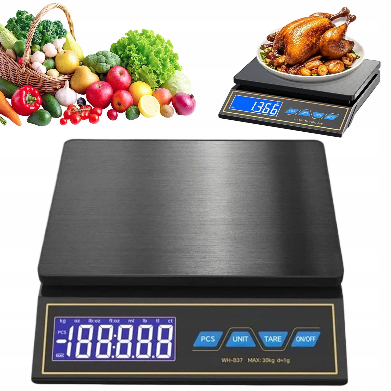 ELECTRIC KITCHEN SCALE 30KG 1G LCD STAINLESS STEEL USB-C