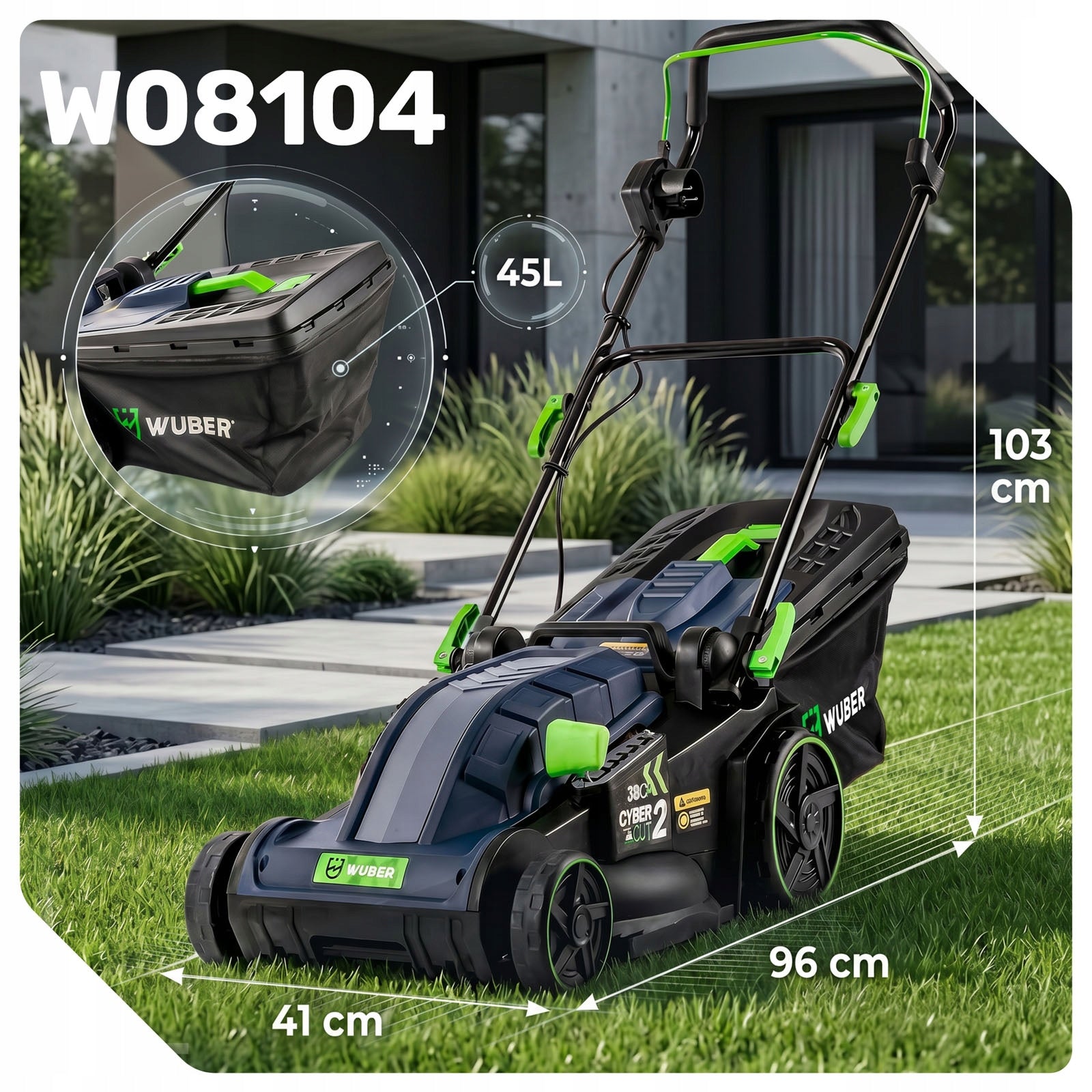 ELECTRIC LAWN MOWER WITH MULCHING ADJUSTMENT HEIGHT LIGHT STRONG 45L Engine power 1600 W