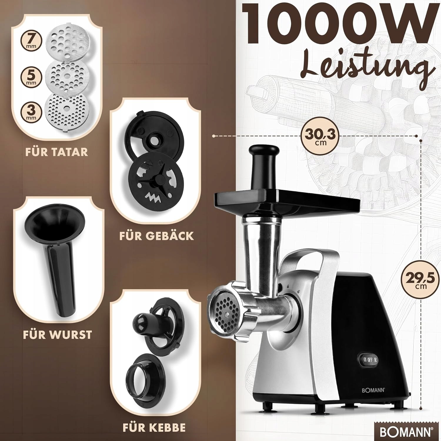 ELECTRIC MEAT GRINDER 1000W STAINLESS STEEL KEBBE SAUSAGE TARTARE Manufacturer code 5906104701728