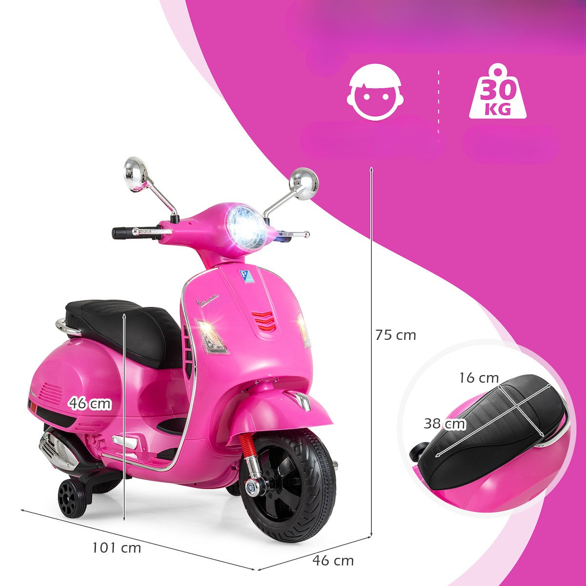 ELECTRIC MOPED VESPA FOR CHILDREN SCOOTER RECHARGEABLE PINK LED 2x30W Manufacturer code TQ10466DE-PI
