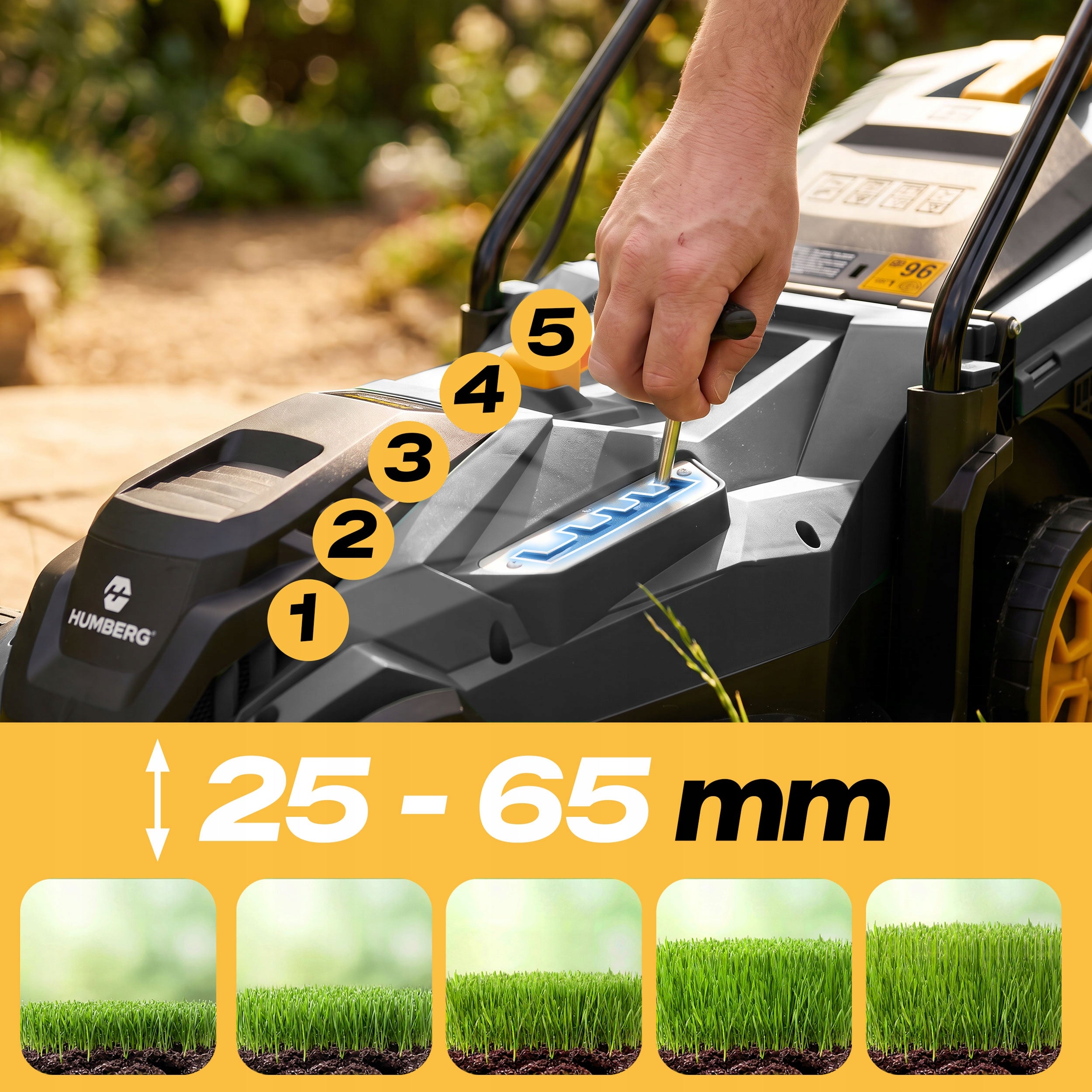 ELECTRIC MOWER LIGHT STRONG FOR GRASS WITH ADJUSTMENT 1400W 34CM HUMBERG Basket capacity 30 l
