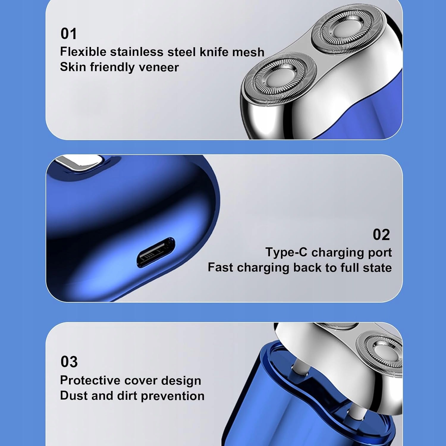 ELECTRIC SHAVER MINI WATERPROOF IPX7 USB-C BLUE Model Przenośna golarka elektryczna, mini golarka elektr