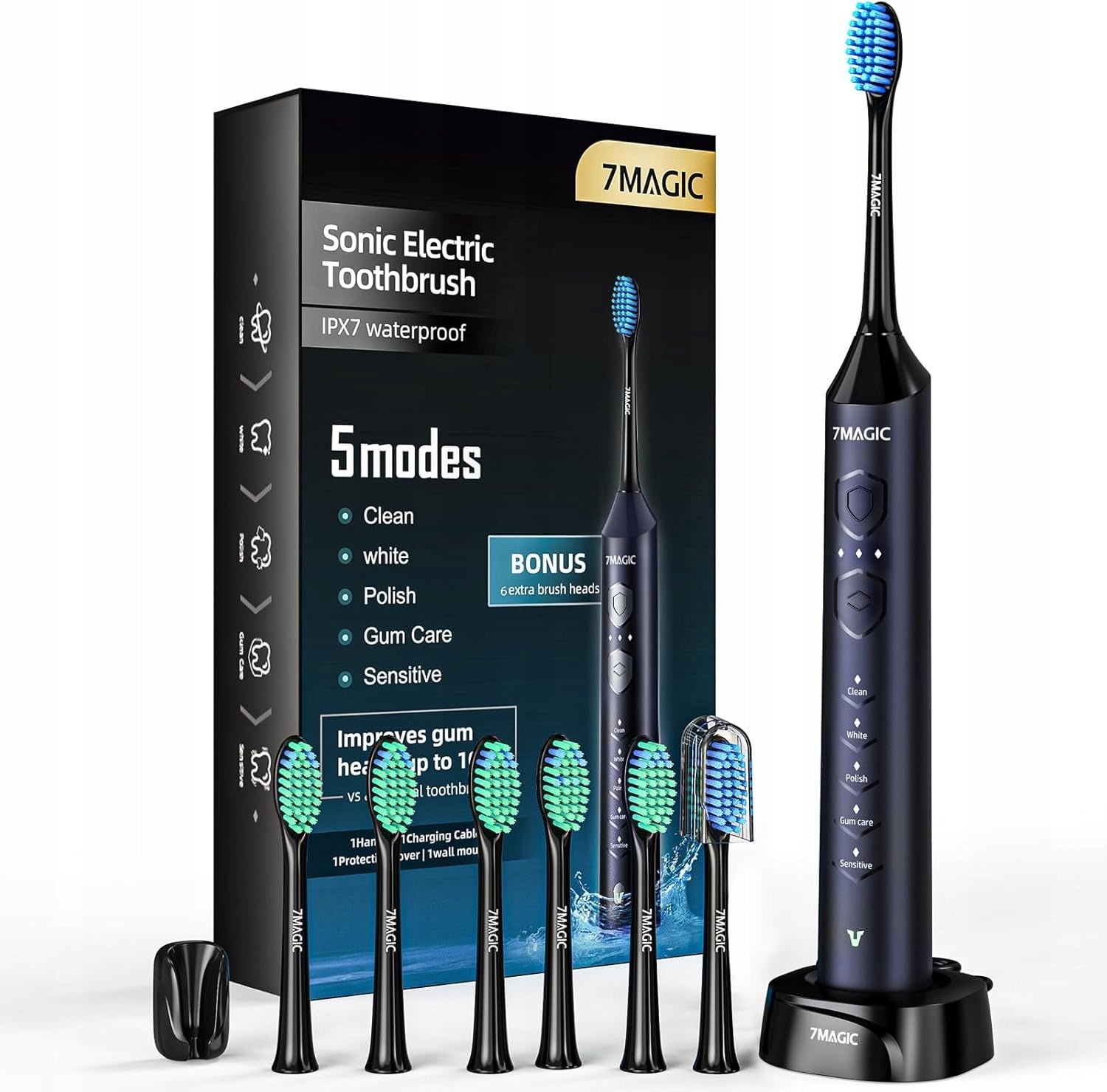ELECTRIC SONIC TOOTHBRUSH 7MAGIC 6 HEADS NAVY BLUE D36