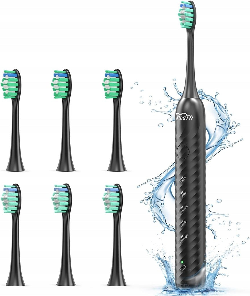 ELECTRIC SONIC TOOTHBRUSH BLACK + 6 X REPLACEMENT TIPS