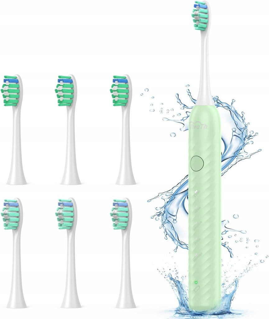 ELECTRIC SONIC TOOTHBRUSH GREEN + 6 X REPLACEABLE TIPS