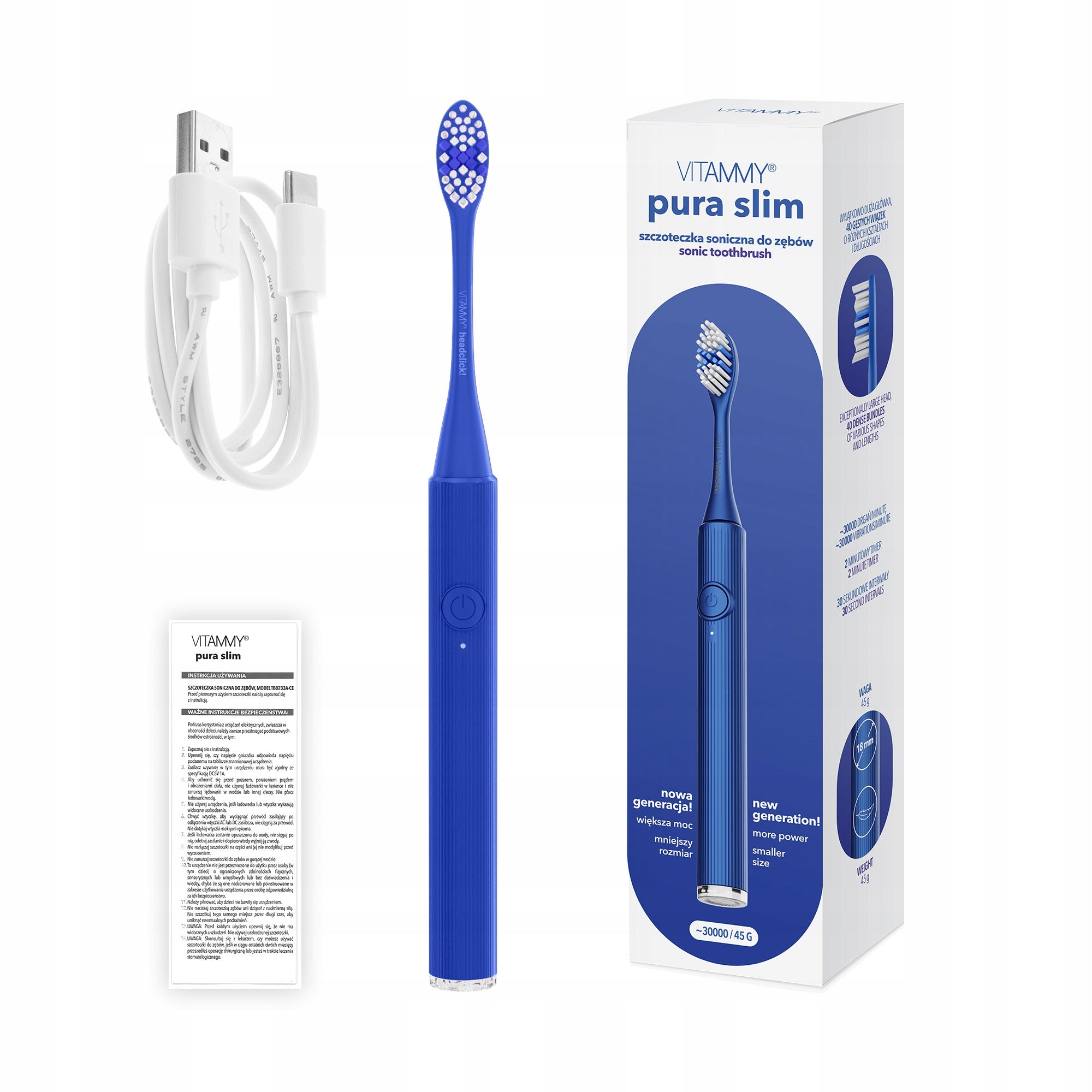 ELECTRIC SONIC TOOTHBRUSH VITAMMY PURA SLIM TIMER USB-C 45G Brand VITAMMY