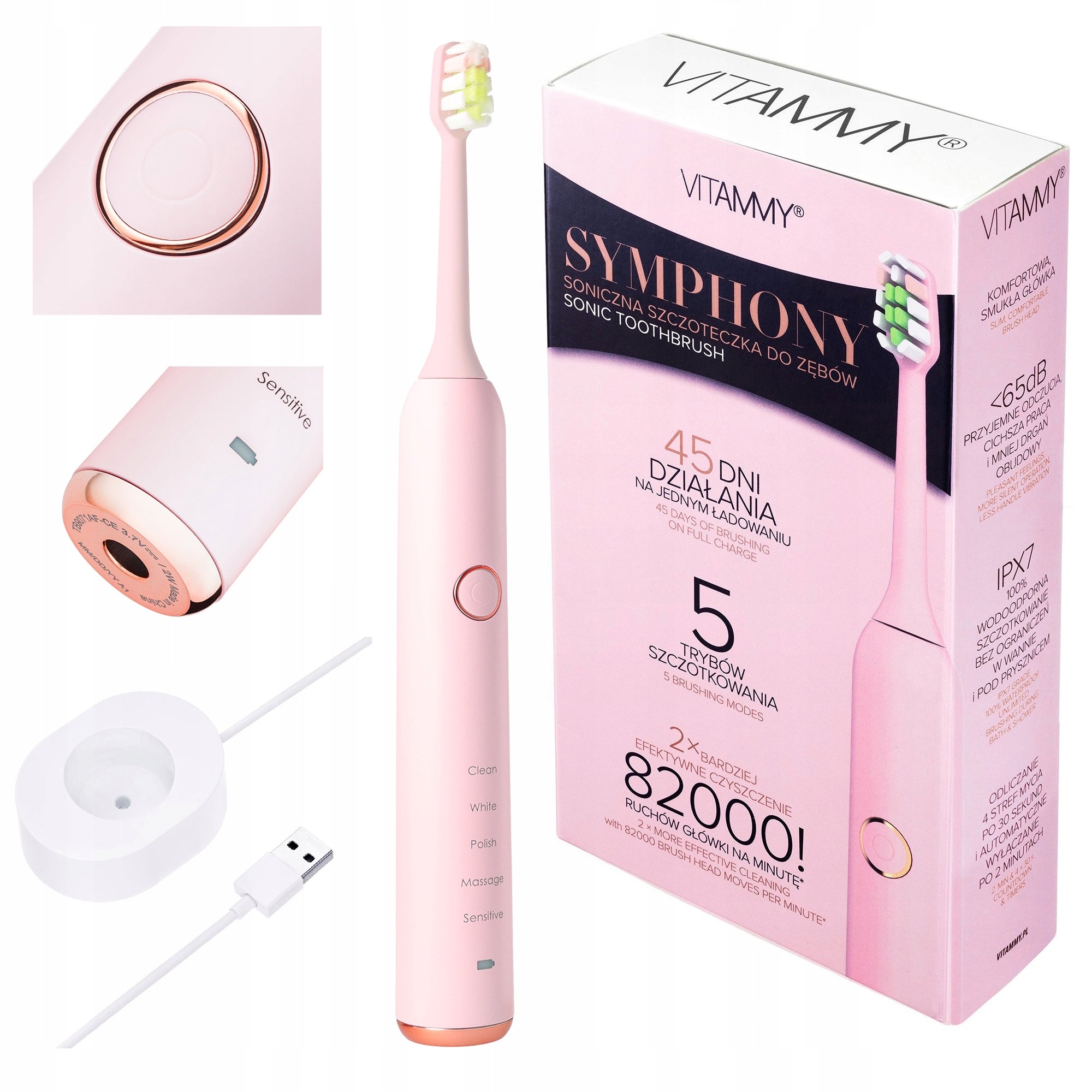 ELECTRIC SONIC TOOTHBRUSH VITAMMY SYMPHONY PINK 5MODES