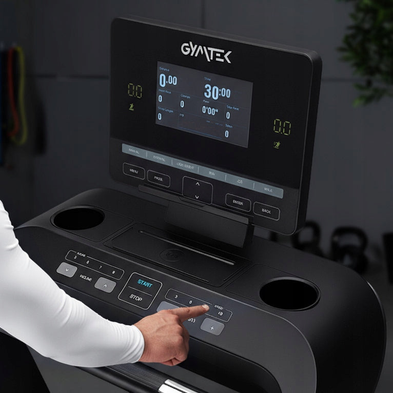 ELECTRIC TREADMILL FOLDING ANGLE OF INCLINATION 22KM/H 6,5HP GYMTEK Additional features Bluetooth keyboard shortcuts safety key transport wheels place for water bottle place for mobile phone/tablet foldable training programs tilt angle adjustment touch sensors USB port mobile device compatibility display