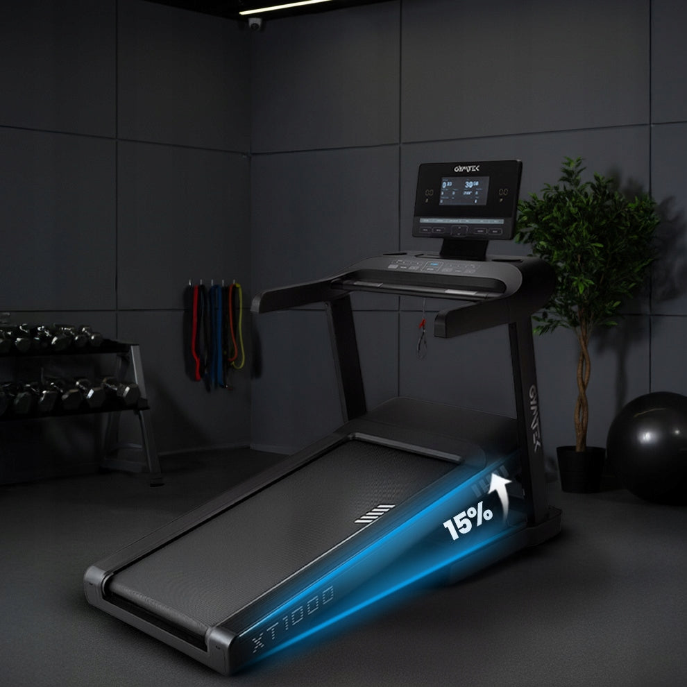 ELECTRIC TREADMILL FOLDING ANGLE OF INCLINATION 22KM/H 6,5HP GYMTEK Measurements training duration distance number of steps speed pulse burned calories