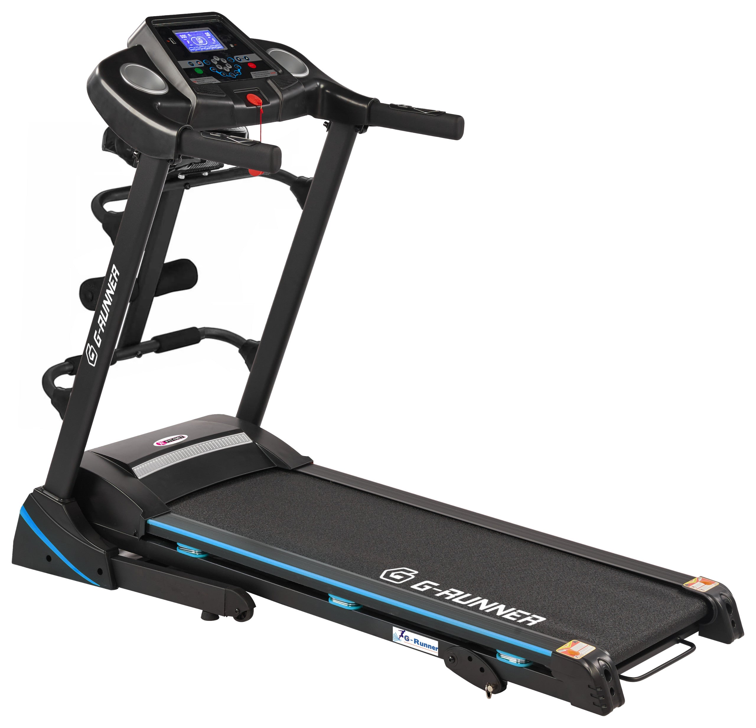 ELECTRIC TREADMILL G-RUNNER 420 DUMBBELL MASSAGER USB SHOCK ABSORPTION SPEAKERS Additional features speakers keyboard shortcuts safety key transport wheels place for water bottle place for mobile phone/tablet foldable training programs tilt angle adjustment touch sensors USB port display