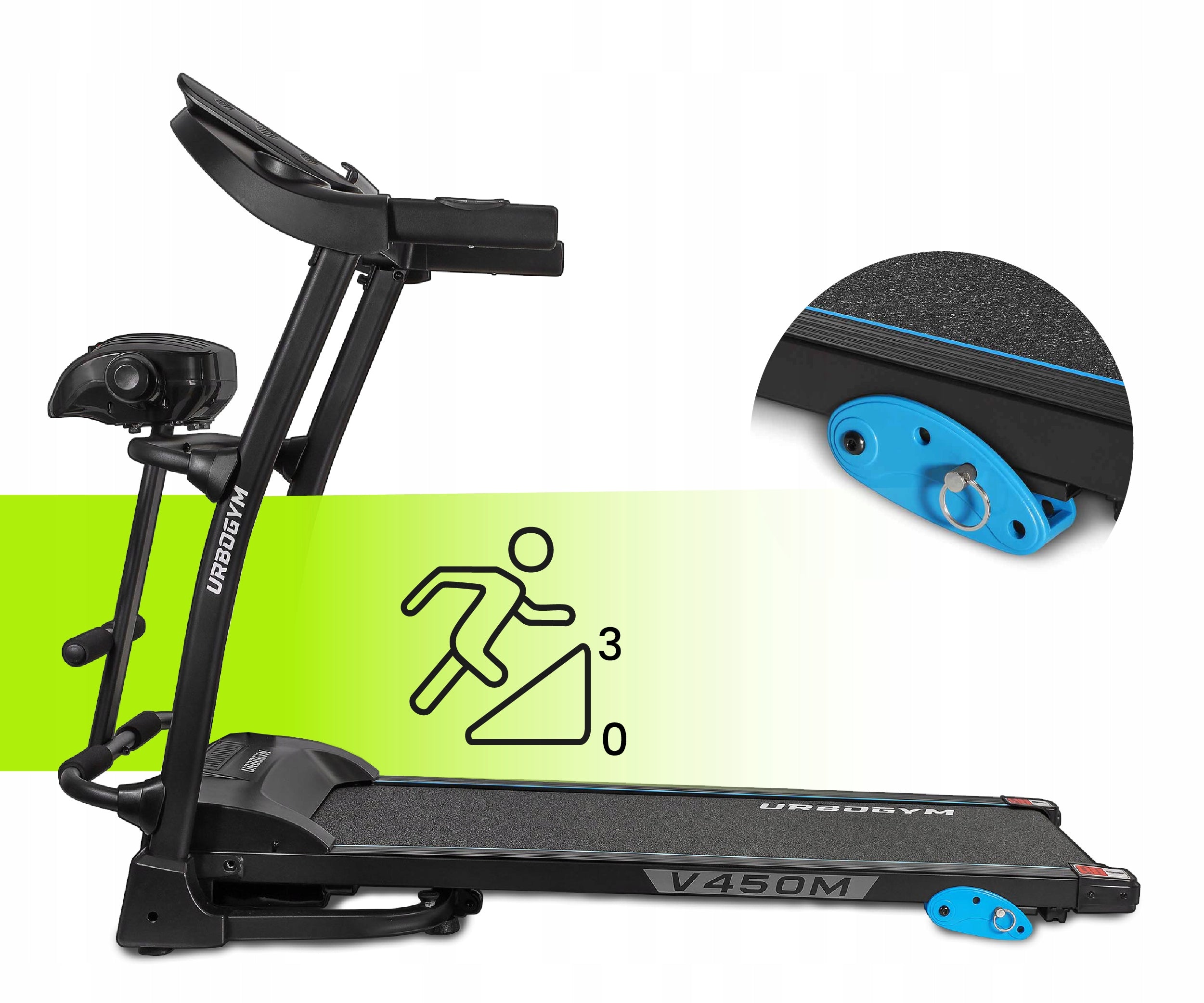 ELECTRIC TREADMILL V450M MASSAGER ANGLE OF INCLINATION FOLDING WITH SHOCK ABSORPTION Measurements training duration distance speed pulse burned calories