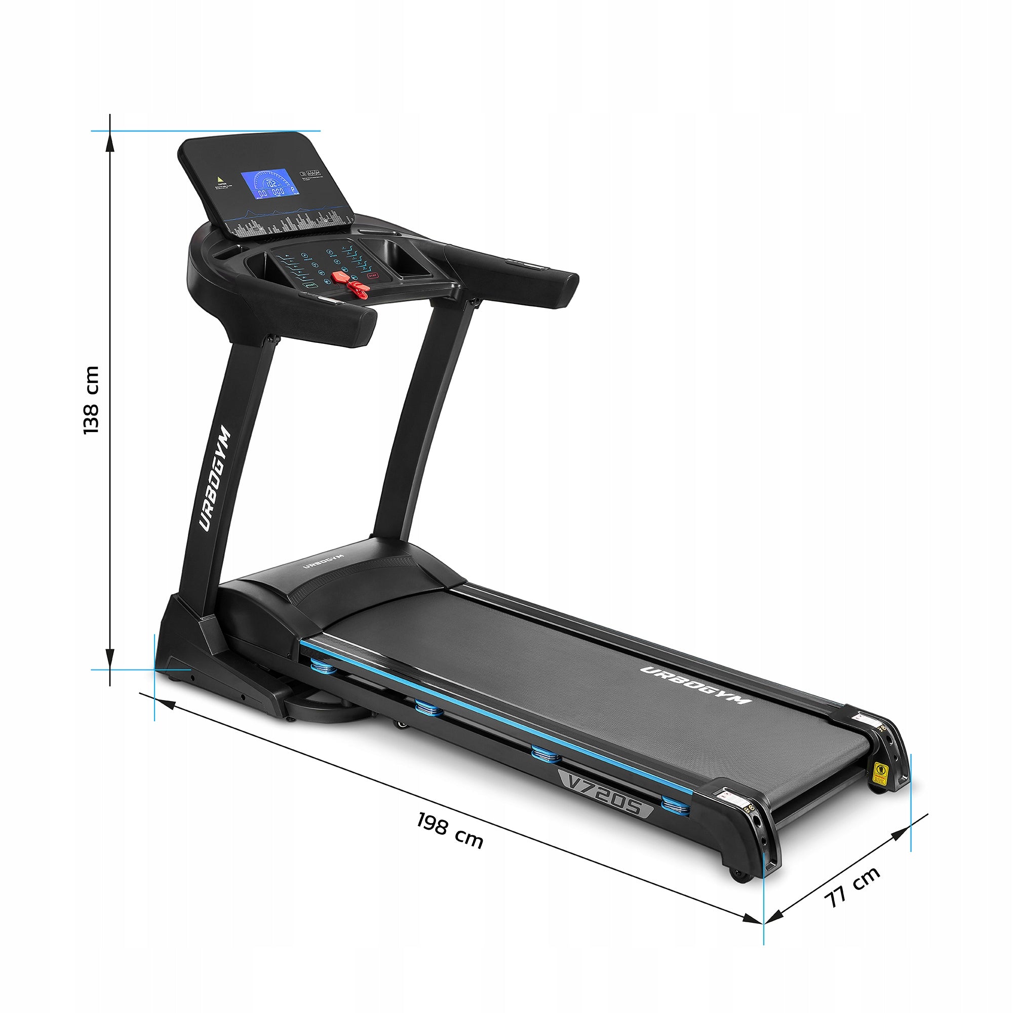 ELECTRIC TREADMILL V720S 20KM/H AUTO ANGLE 15 LEVELS FOLDING STRONG Measurements training duration distance speed pulse burned calories