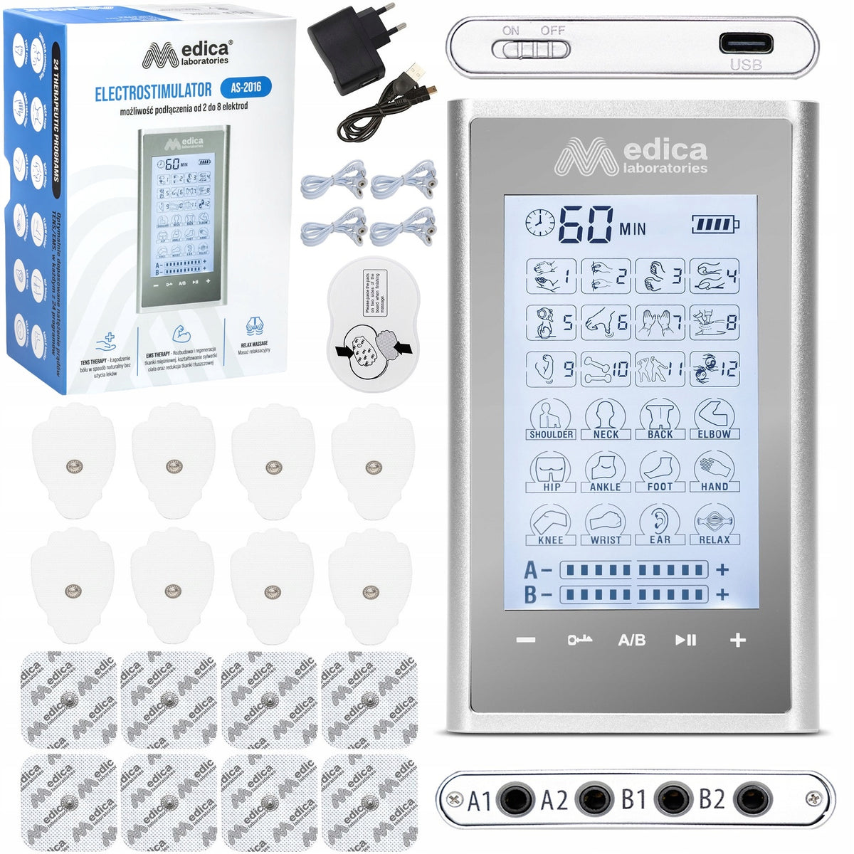 ELECTROSTIMULATOR TENS EMS MASSAGER + ELECTRODES 24 PROGRAMS SET Packaging status original
