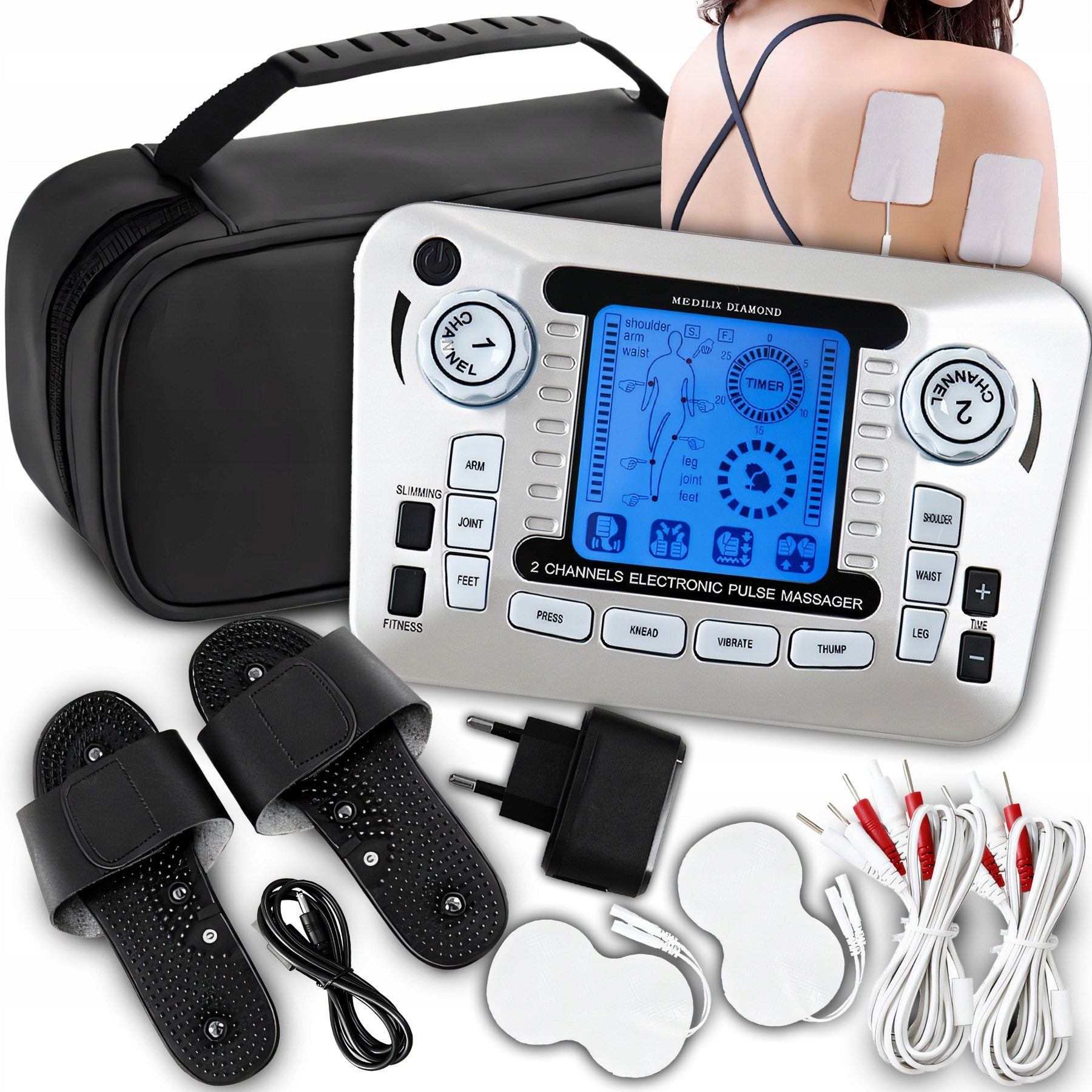ELECTROSTIMULATOR TWO CHANNEL CURRENTS TENS EMS ELECTRODES STRONG CASE SET