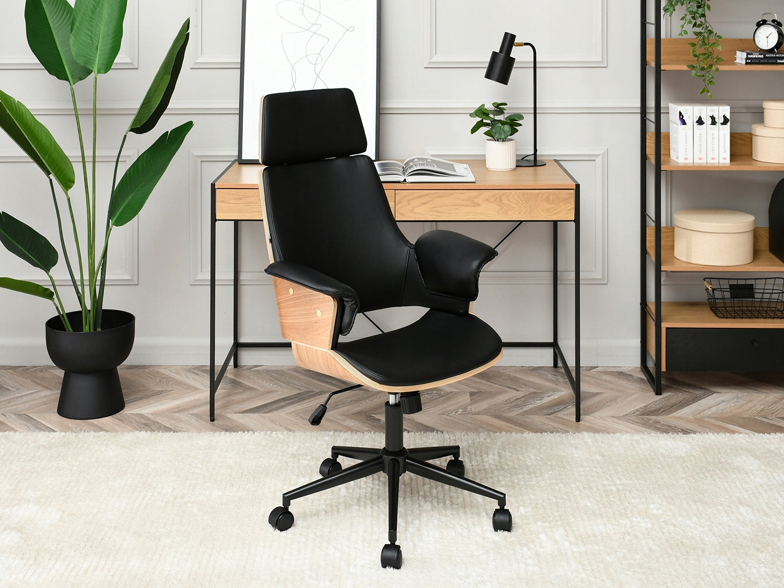 ELEGANT ARMCHAIR WITH HEADREST FOR OFFICE CLEMENS OAK BLACK ECO LEATHER Manufacturer code 5907698683964