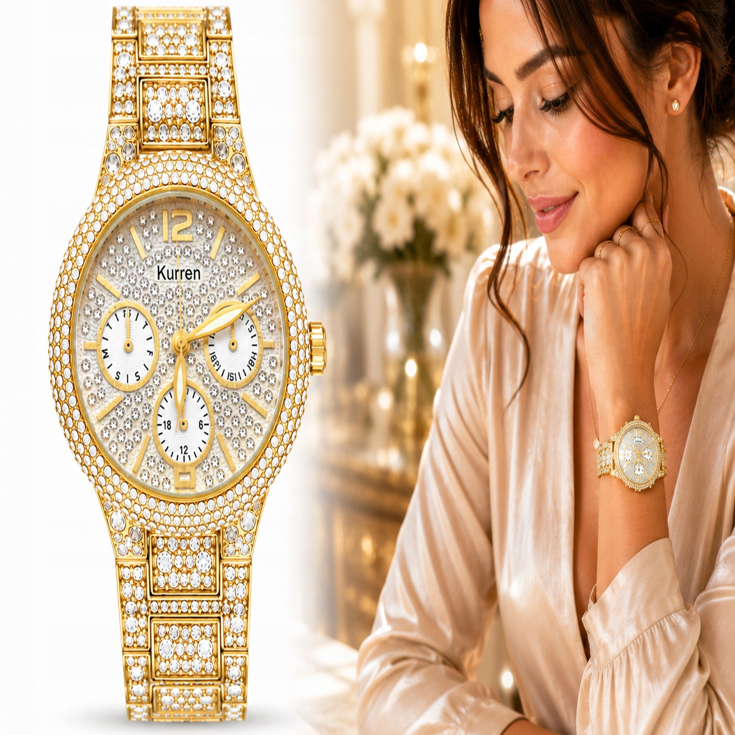 ELEGANT GOLD WATCH WOMEN RHINESTONE QUARTZ BRACELET FOR GIFT