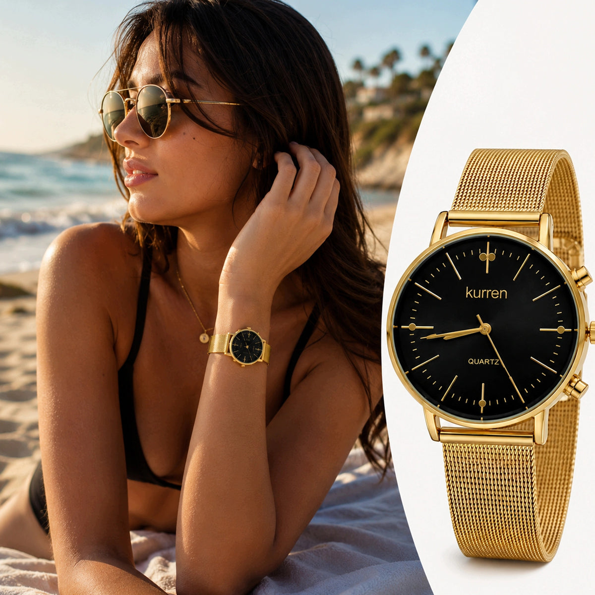 ELEGANT GOLD WOMEN'S WATCH KURREN MESH JAPANESE QUARTZ MOVEMENT