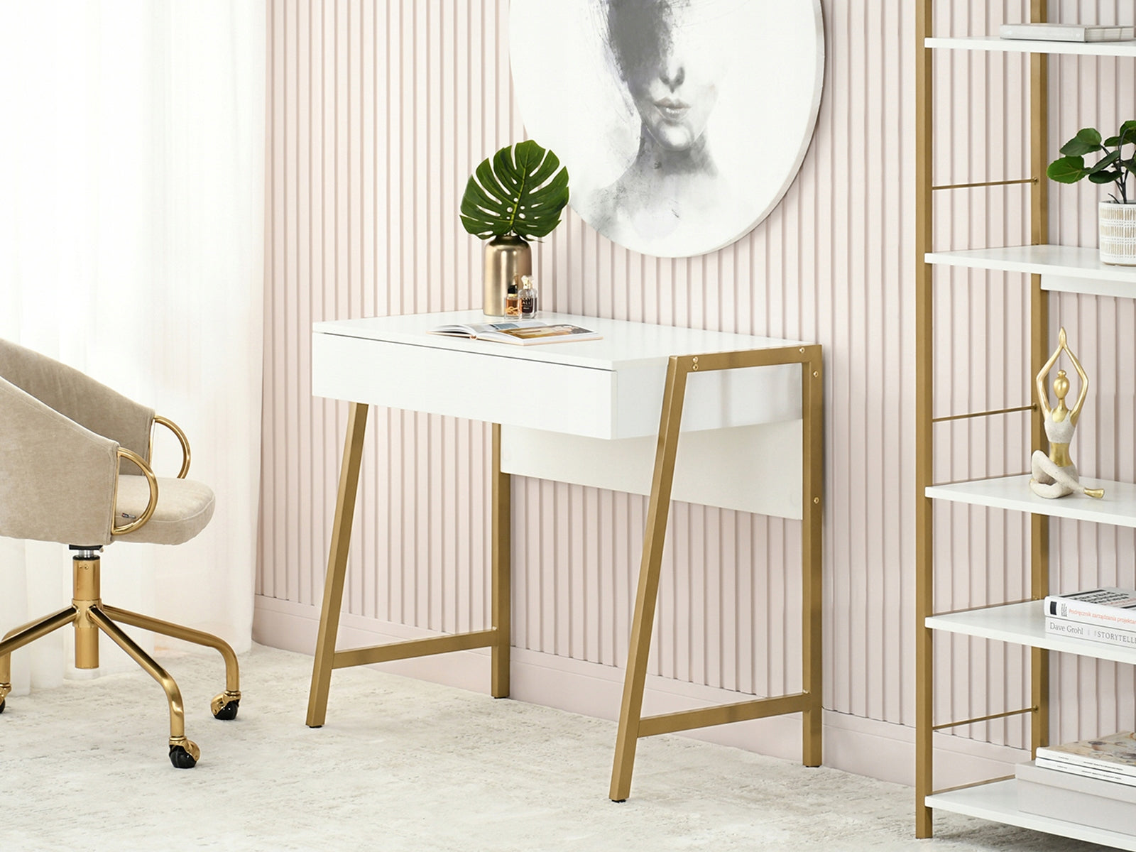 ELEGANT SMALL DESK WITH DRAWER FOR HOME OFFICE NORS WHITE WOOD GOLD Brand Mebel-Partner
