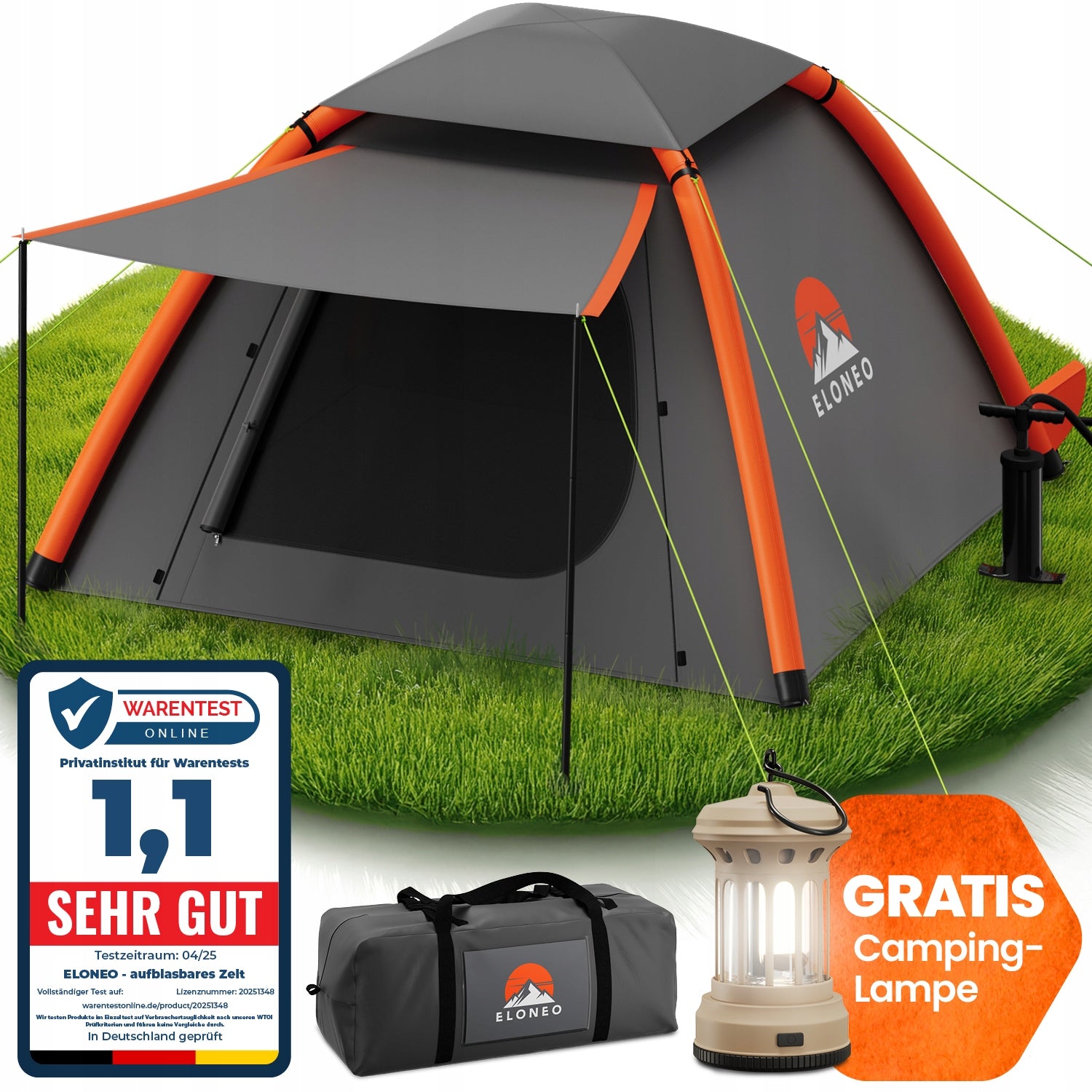ELONEO Inflatable camping tent 1 to 3 pers., 210x210x140 cm, waterproof