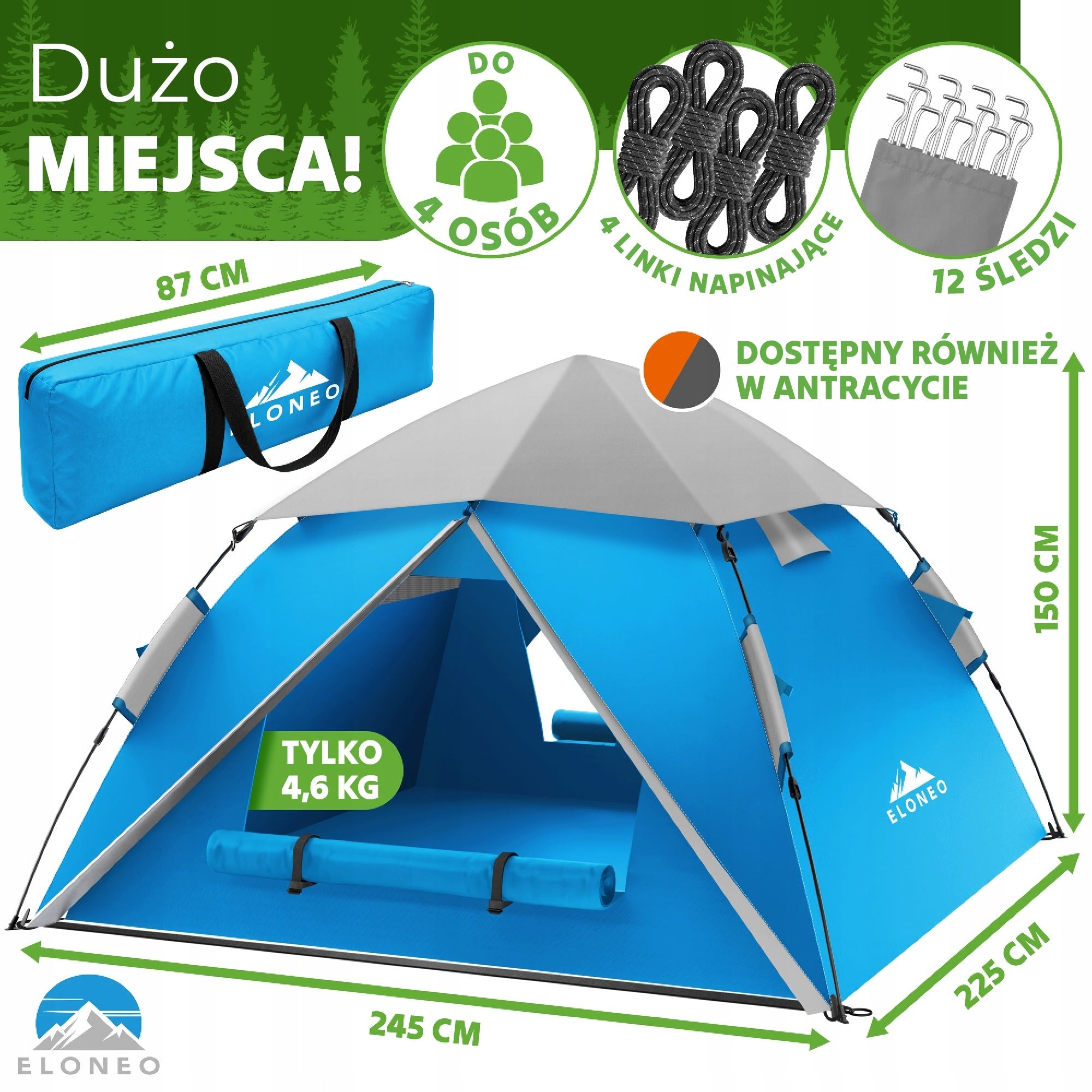 ELONEO Pop-Up Tent Self-folding 245x225x150cm Blue-Grey