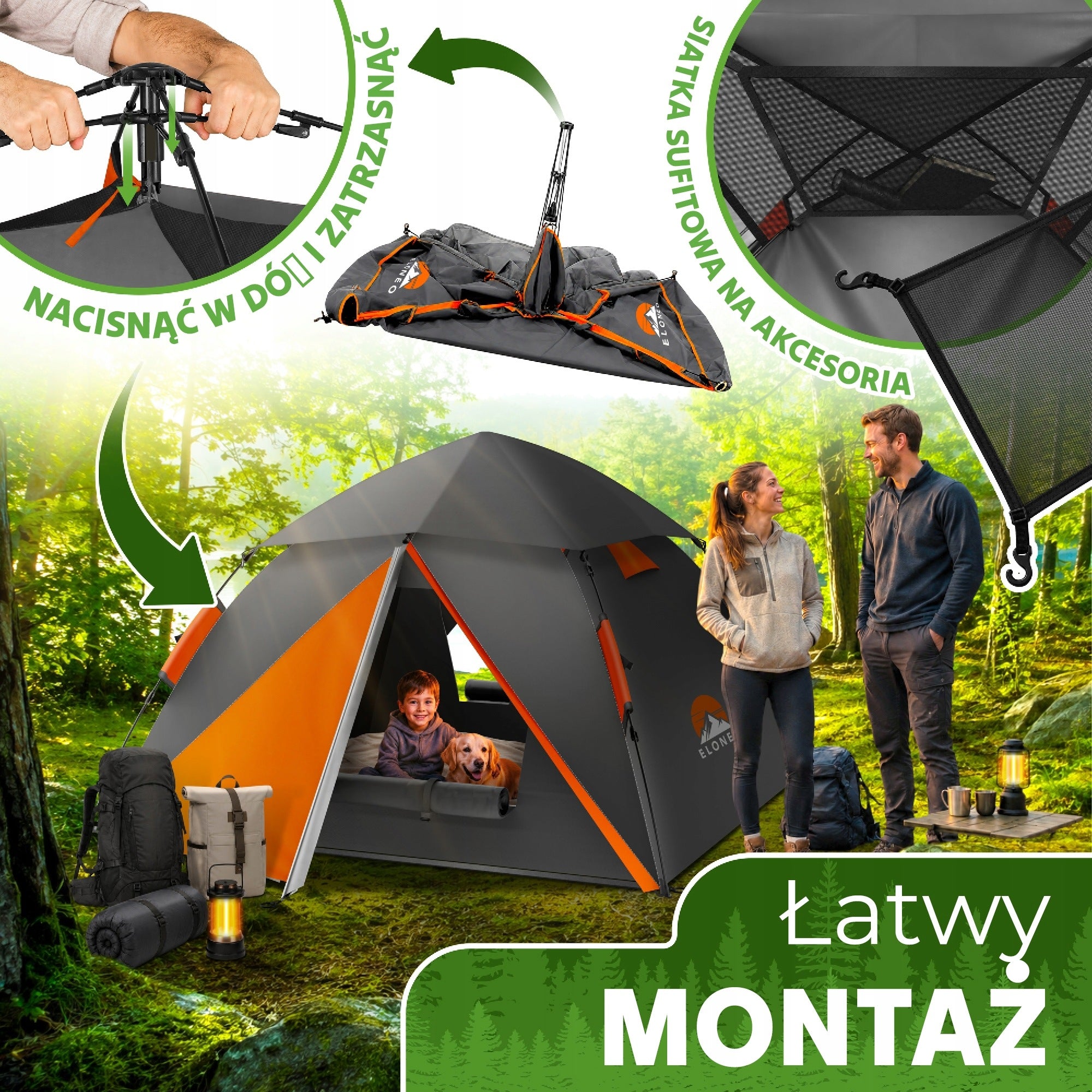 ELONEO Pop-Up Tent Self-folding 245x225x150cm Orange-Grey Brand ELONEO
