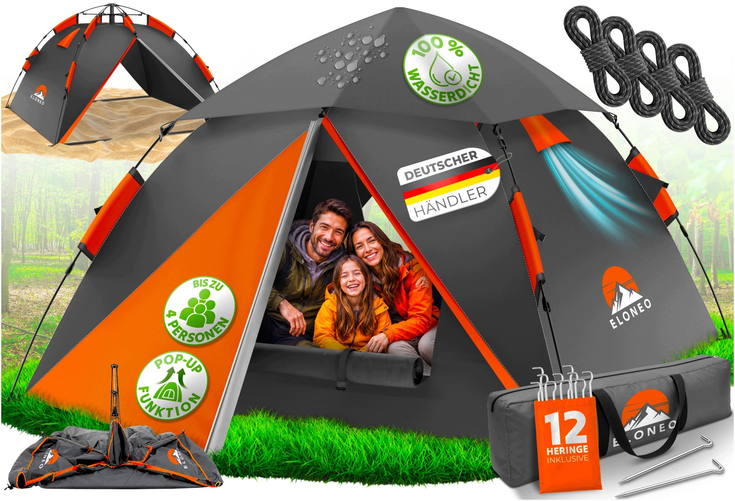 ELONEO Pop-Up Tent Self-folding 245x225x150cm Orange-Grey
